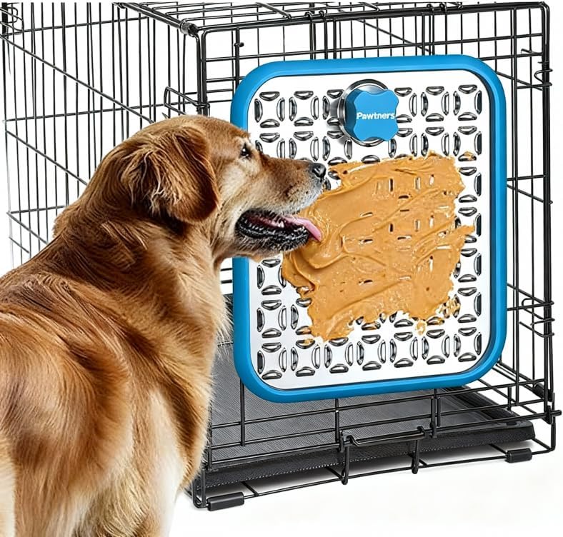 Lick Mat for Dogs & Cats, Stainless Steel Pet Slow Feeder for Crate Boredom & Anxiety Reduce, Cat Licking Pads with Spatula & Scrubbing Brush, Blue