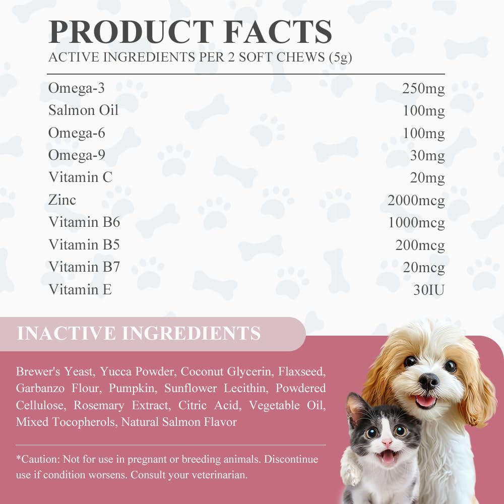 Skin & Coat Chews Supplement for Dogs & Cats, Omega & Salmon Oil Support Skin Health & Shiny Fur, 120ct/300g