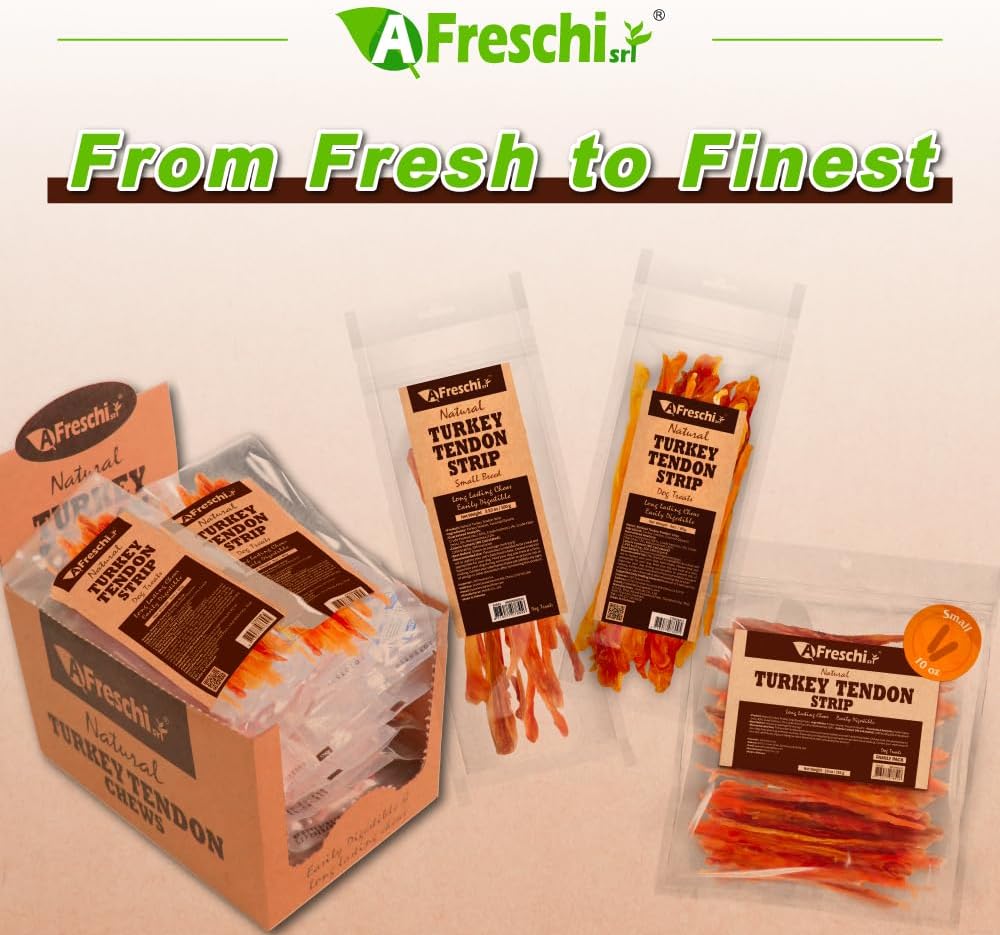 A Freschi srl Turkey Tendons for Dogs, USA-Sourced, Healthy Dog Treats, Rawhide-Free Puppy Chews, Long Lasting, All Natural, Hypoallergenic Dog Treats for Small Breeds, 3 oz Pack Strips