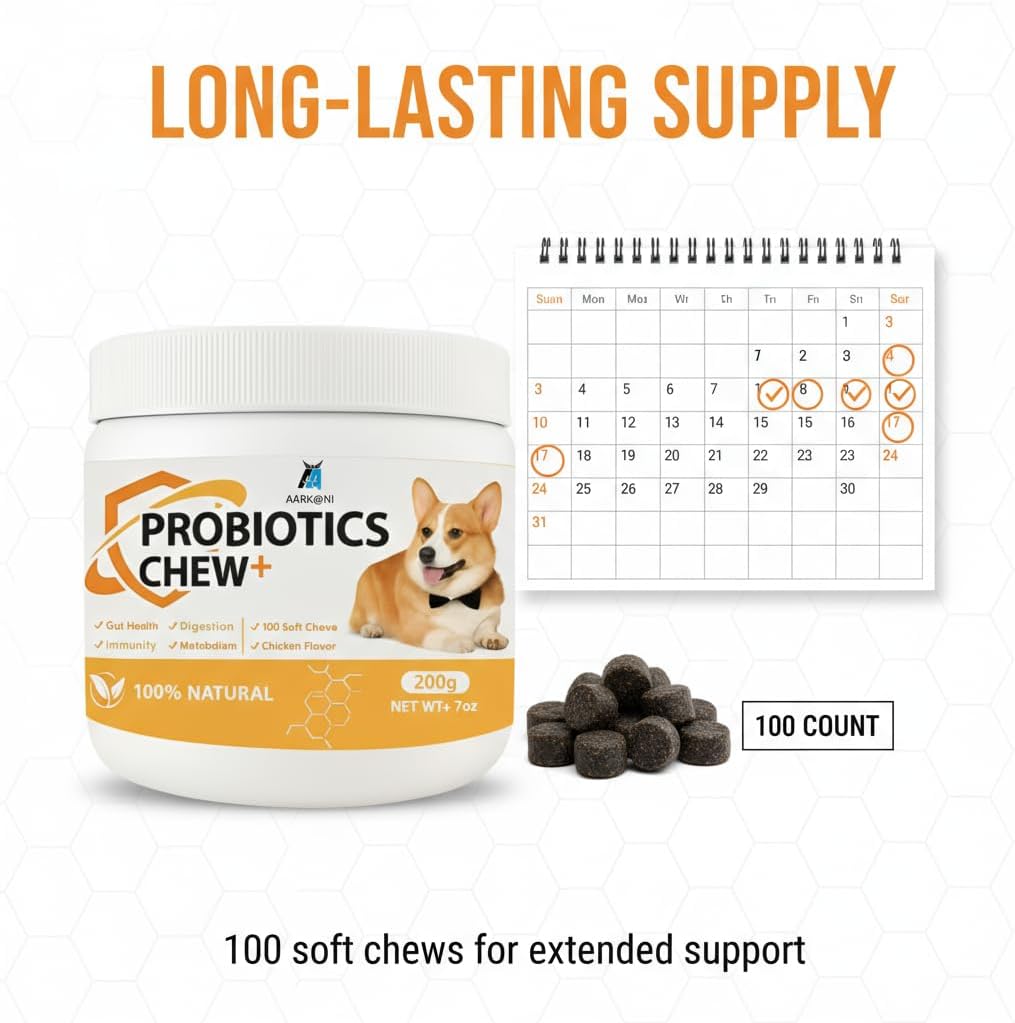 Aarkani Probiotics Chew+ – Natural Digestive & Immune Support for Dogs | 100 Soft Chicken-Flavored Chews