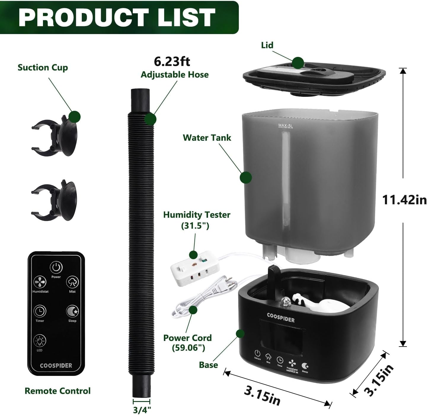 Coospider 5L Reptile Fogger Humidifier, Automatic Humidifiers for Reptiles Tank, Terrarium Humidifiers with Timer and Humidity Control, Reptile Misting System for Reptiles Amphibians Herps Vivarium