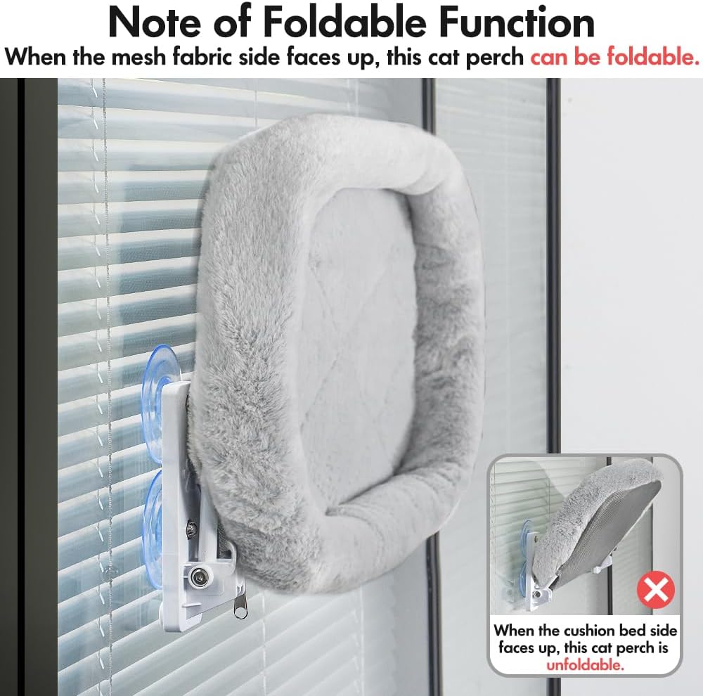 AMOSIJOY Cordless Cat Window Perch, Cat Hammock for Wall with 4 Strong Suction Cups, Solid Metal Frame and Two Replaceable Covers, Foldable Cat Beds for Indoor Cats (Large-Cushion Bed-Gray)