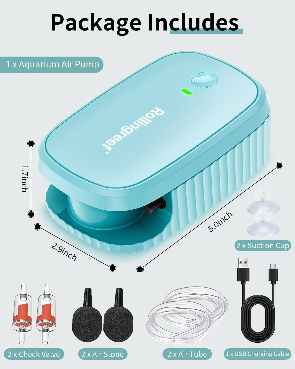Aquarium Air Pump, Portable Aquarium Air Pump, USB Rechargeable Ultra Quiet Oxygen Pump with Accessories for Fish Tanks, Outdoor Fishing & Emergency Use(for Up to 60 Gallons of Tank)