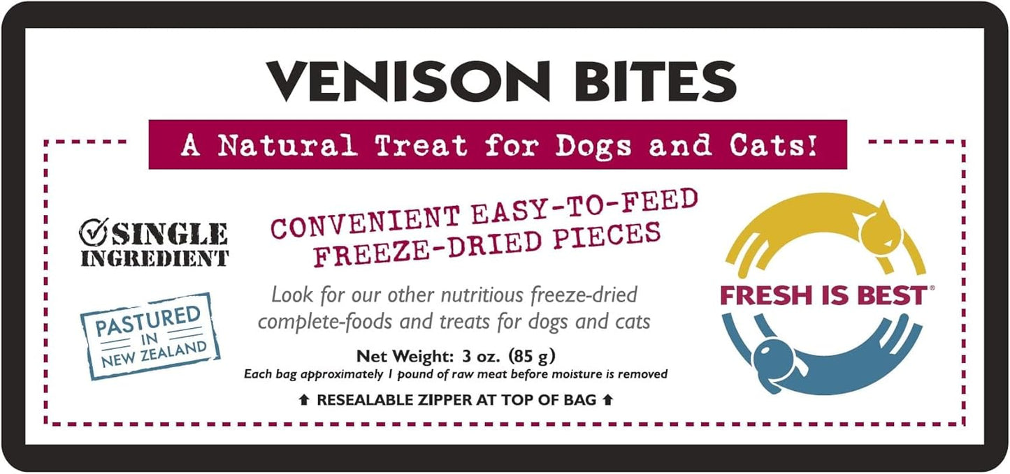 Fresh Is Best Freeze Dried Dog Treats – Raw Freeze Dried Venison Dog Food for Cats & Canines – Training Treat in Resealable Zipper Bag – High-Protein Venison Bites – Made in The USA