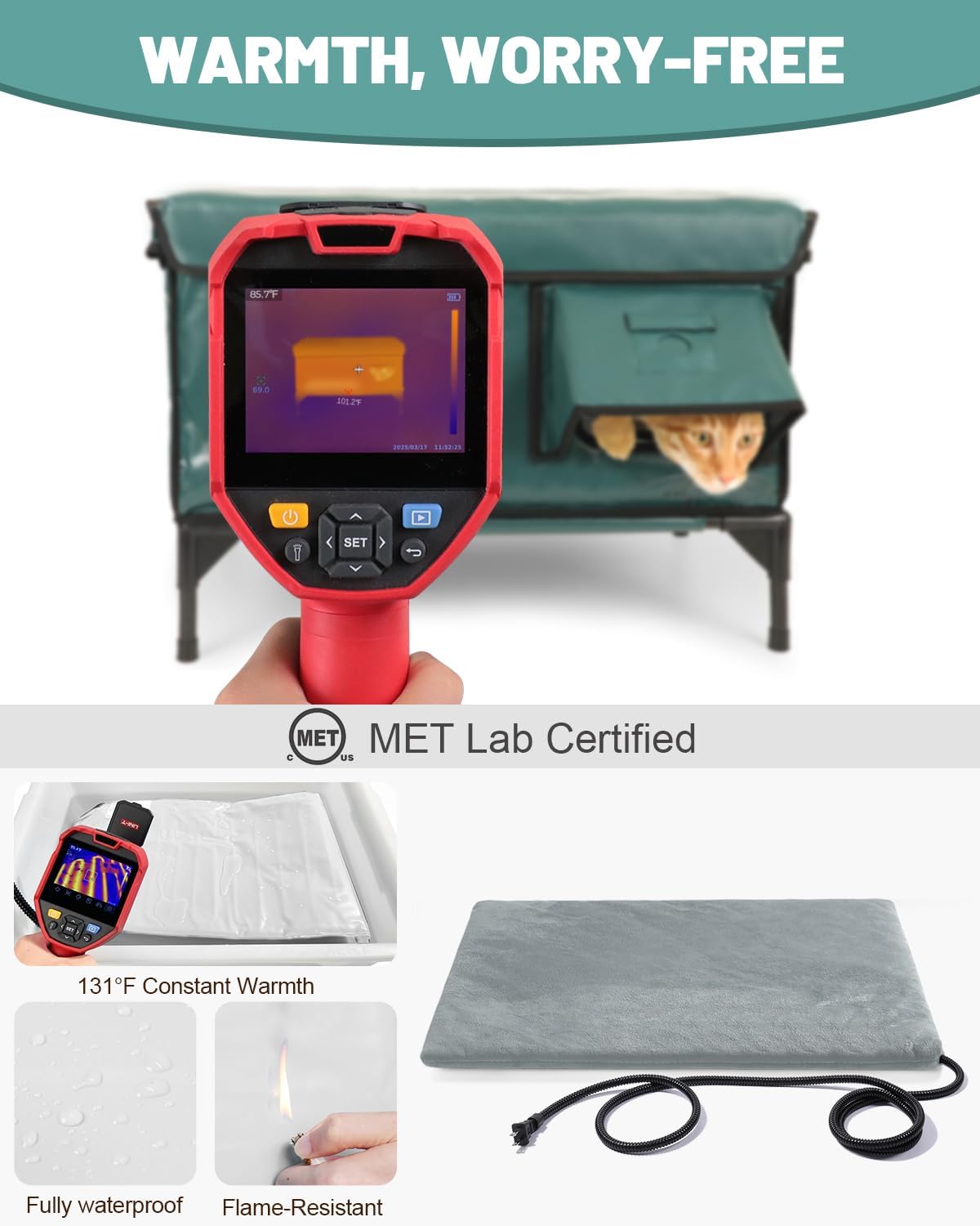 Heated Cat House for Outdoor Cats, Waterproof Insulated Outdoor Cat House with Heating Pad, Weatherproof Elevated Heated Cats House for Outside Feral Cats(Deep Green, 16" L x 12" W x 18" H)