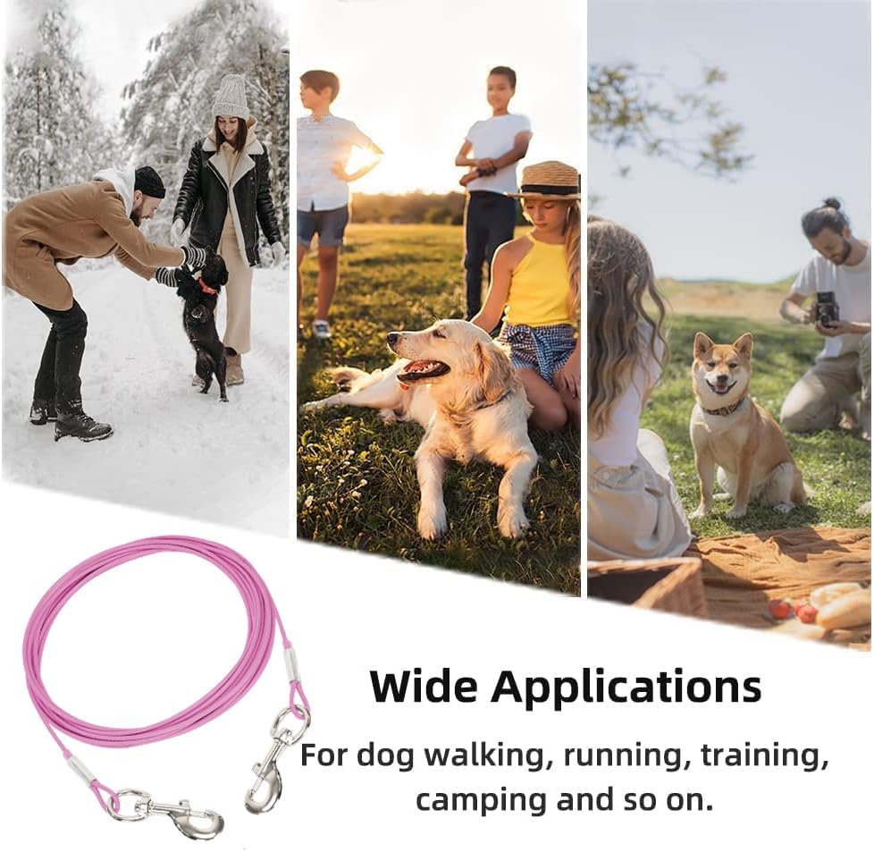 10FT Dog Tie-Out Cable for Small Dogs Up to 60 lbs - Chain Steel Dog Lead with Durable Clips, Outdoor Runner for Outside and Yard Tether (Pink, 60Ibs 20ft)