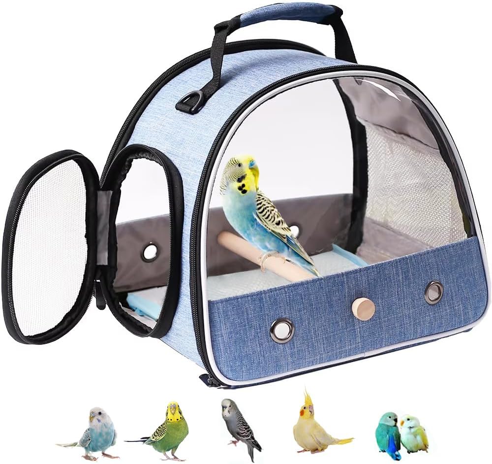 Small Bird Travel Carrier, Portable Bird Travel Carrier for Parakeet, Parrot, Budgie, Guinea Pig, Bearded Dragon Reptile Carrier for Hiking Vet Visit Bicycle Ride (Blue)