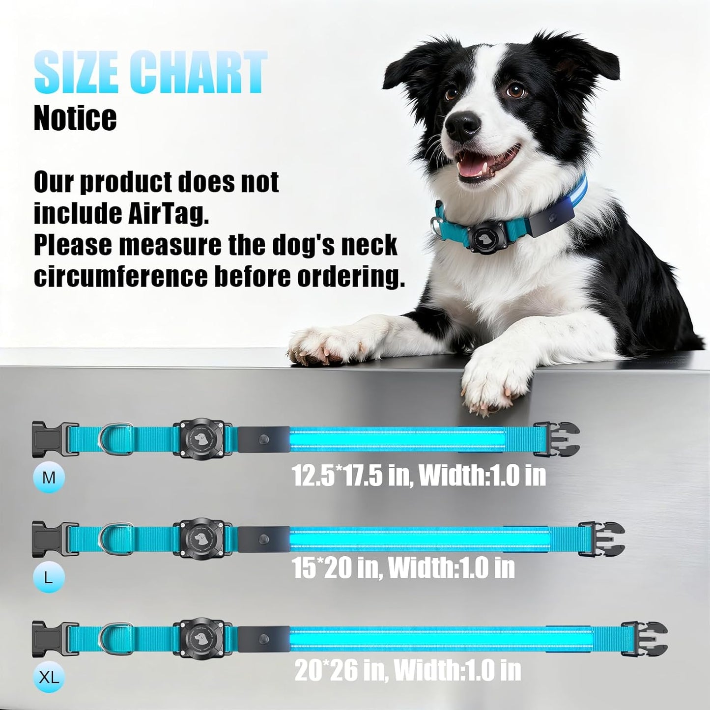 LED AirTag Dog Collar - Brightest Light Up Dog Collars - IP68 Waterproof Air Tag Dog Collar Holder - 1,600 Feet of High Visibility - Magnetic Charging - Dog Lights for Night Walking, Blue M