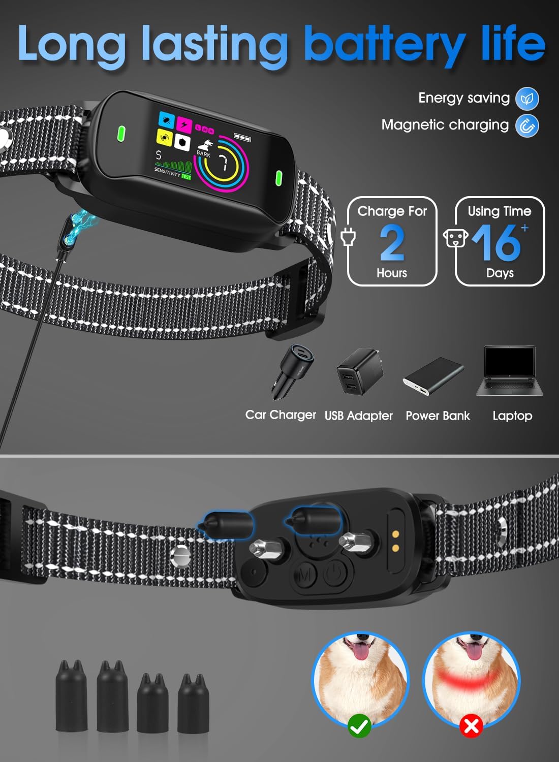 Smart Dog Bark Collar, Anti Barking Training Collar with 4 Training Modes, 5 Adjustable Sensitivity Levels, Waterproof and Magnetic Charging, Smart Bark Collar for Large Medium Small Dogs (Black)