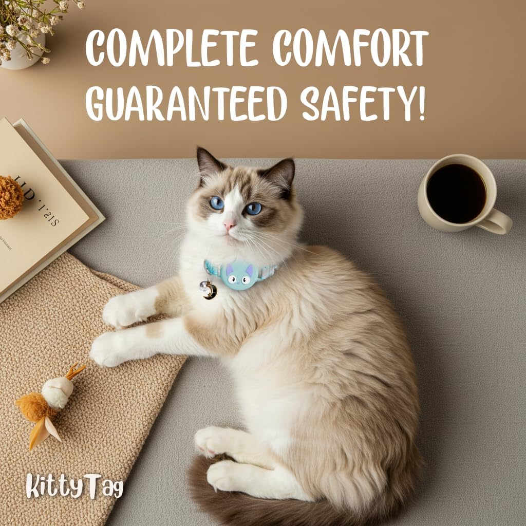 Cat Collar with Airtag Holder, Breakaway Air Tag Collar for Apple airTag, Reflective & Luminous Design, Waterproof GPS Tracker for Cats and Kittens, Includes Bell, Turquoise (9-12")