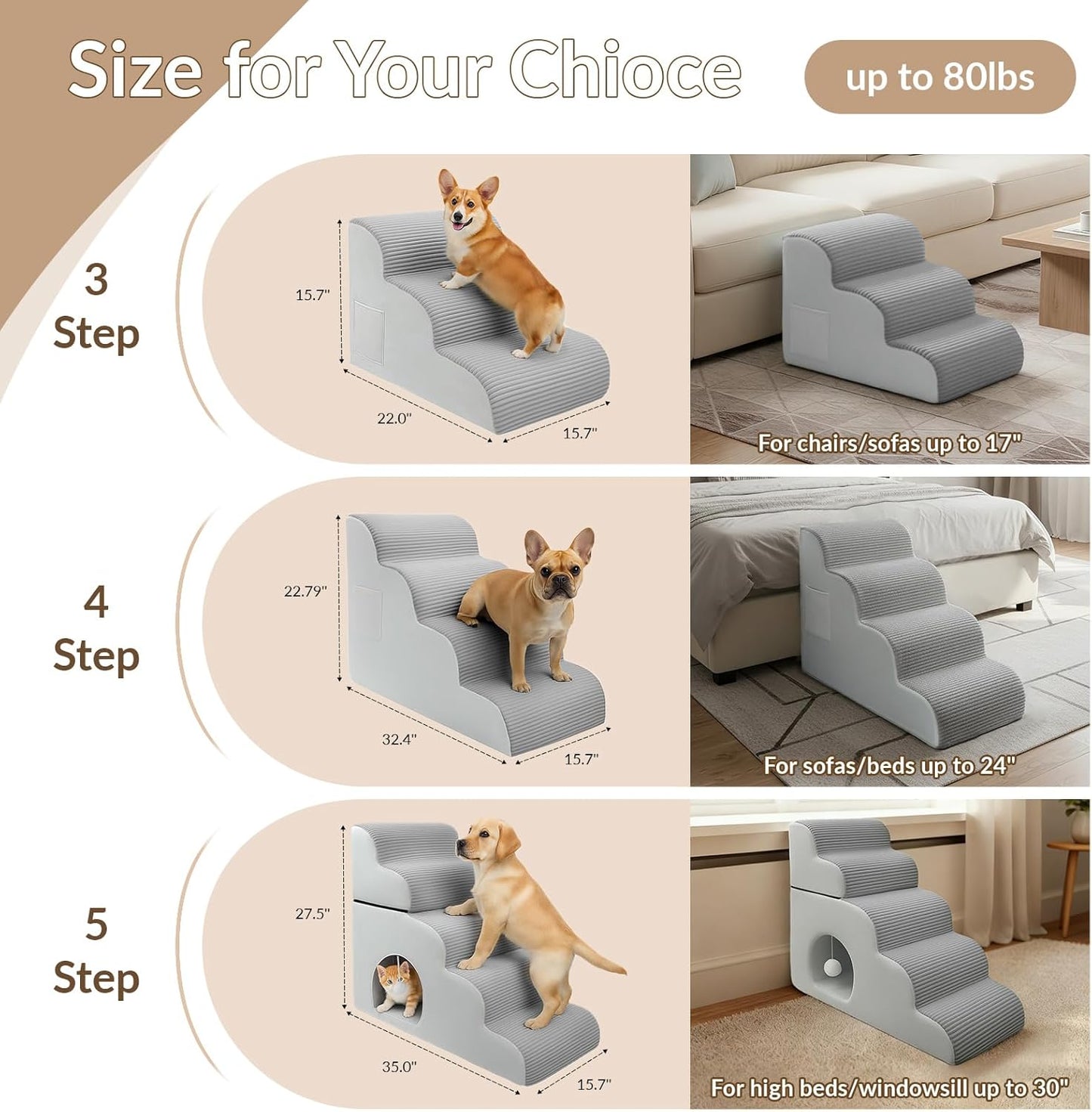 3-Step Dog Ramp and Stairs for Sofa and Chair - Anti-Tip Safety Strap,Non-Slip Sturdy Pet Steps for Small Dogs and Cats,15.7" H