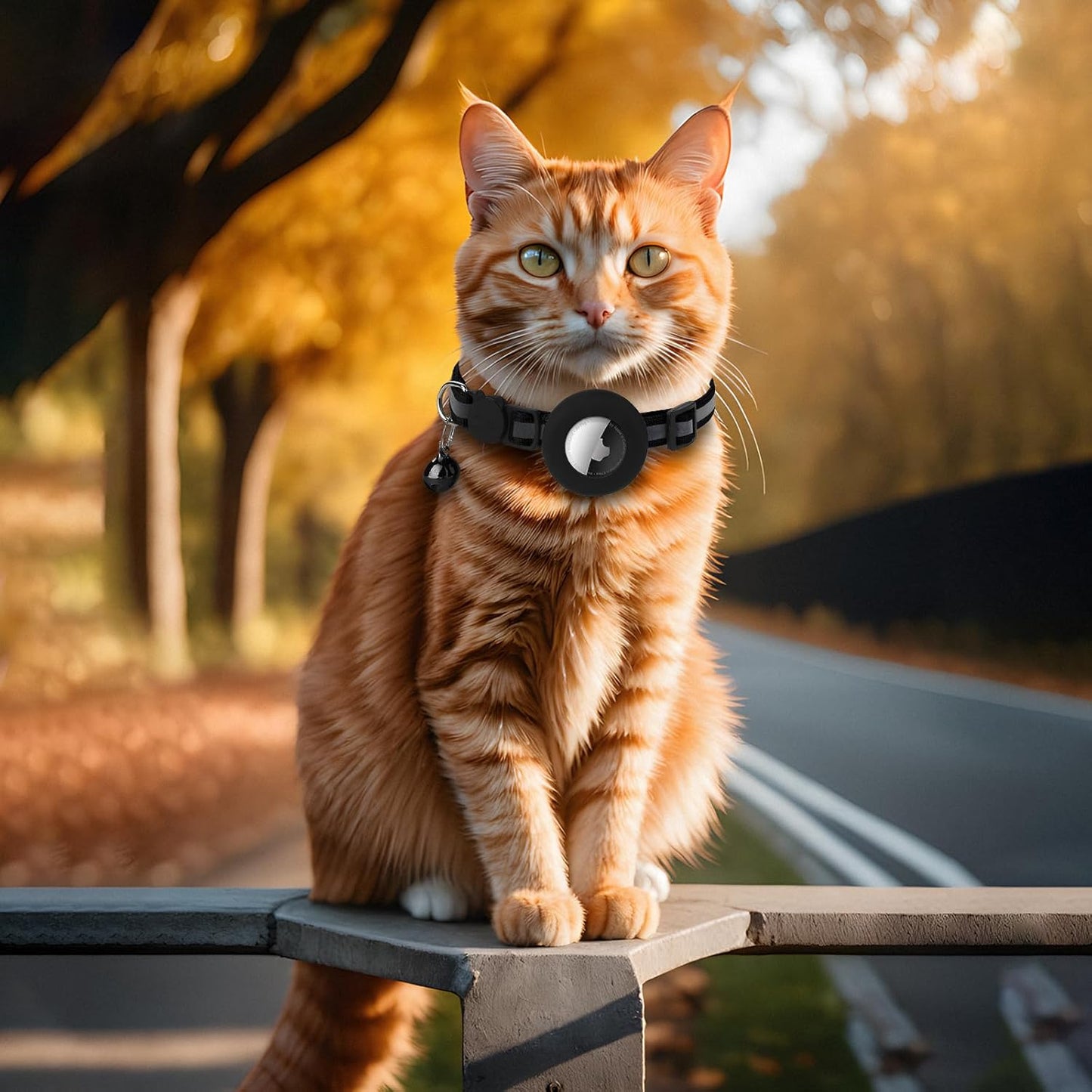 Airtag Cat Collar with Bell, Reflective Nylon Kitten Collar with Apple Air Tag Holder and Breakaway Safety Buckle for Puppy Girl Boy Cats, 3/8" in Width and Lightweight, Black