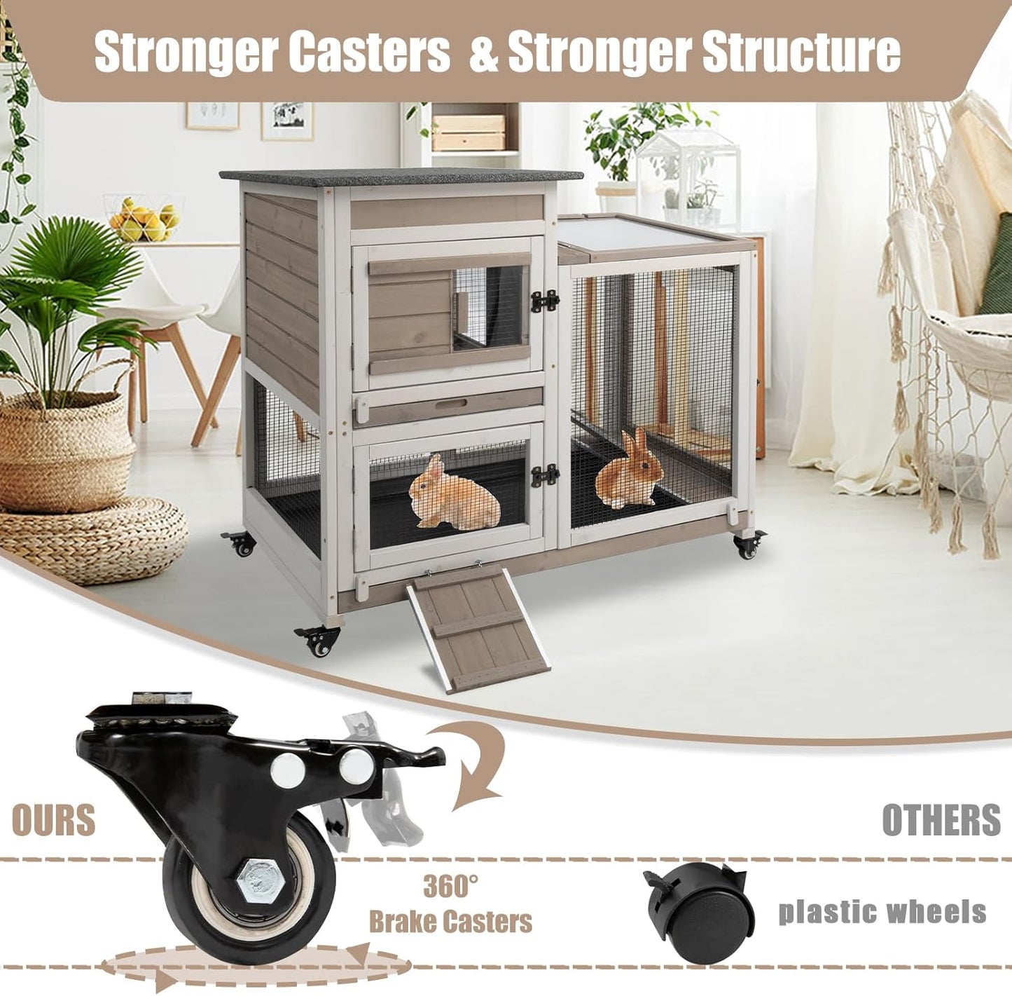 PetsCosset Rabbit Hutch Indoor 40" L Large 2 Story Outdoor Wooden Bunny Hutch with Run, 4 Metal Wheels & 2 Deeper Trays, UV-Proof Panel Rabbit Cage Guinea Pig Pet House for Small-Medium Animals