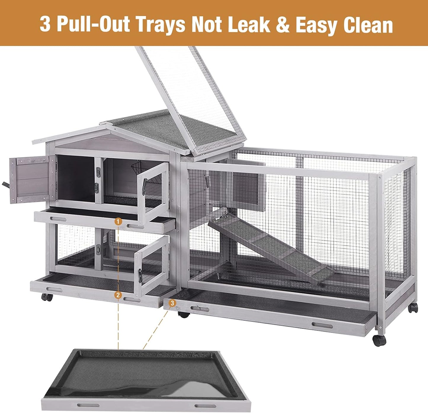 Bunny Cage Indoor and Outdoor Rabbit Hutch with Casters Waterproof Roof, Pull Out Tray from Back and Front 61.2" L x 22.6" W x 33.5" H