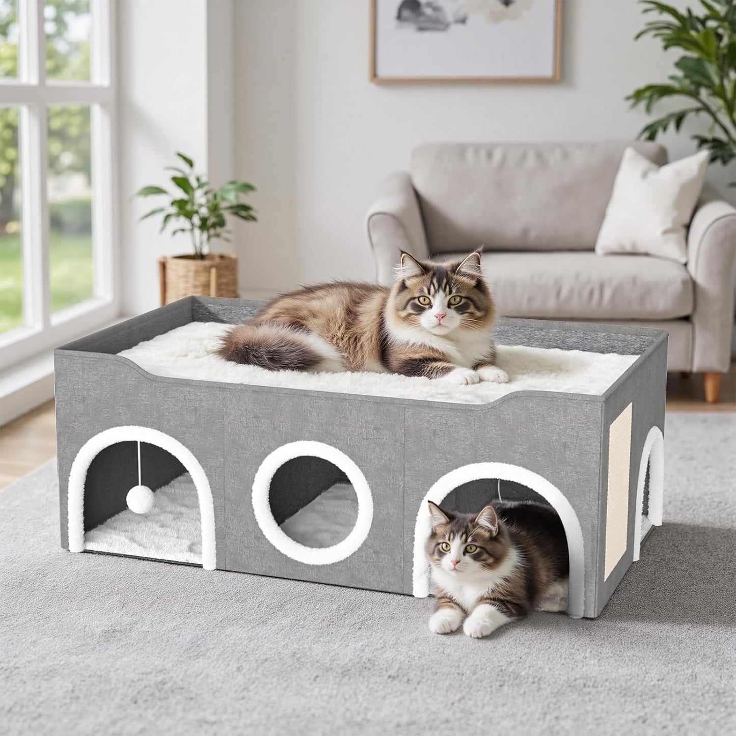 All-in-1 Extra Wide Cat House,Top Bed Three Rooms Cat Condos,Cat Beds for Indoor Cats,Multi Cats Puppy Family with Fluffy Ball Hanging and Scratch Pad, Foldable Hideaway