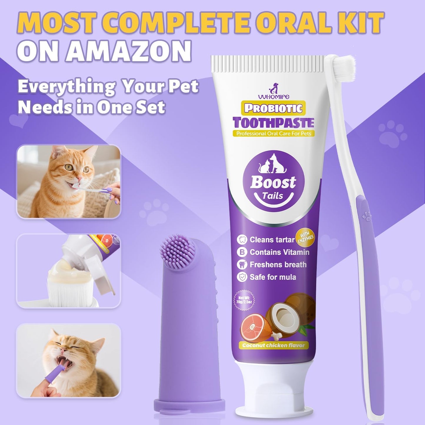 Cat Toothbrush and Toothpaste Kit - Includes Toothpaste (Coconut Chicken 2.5 oz.) Soft Brush, Finger Brush - Provides Safe and Effective Oral Care for Kittens and Adult Cats