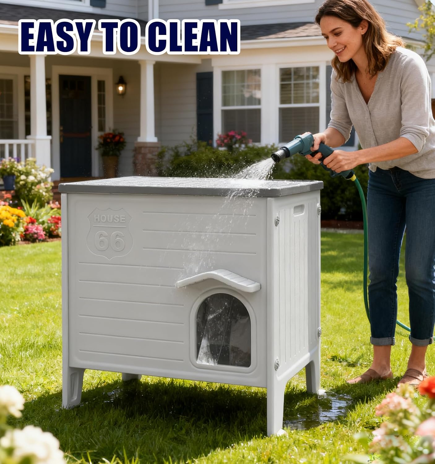 Plastic Cat House Outdoor & Indoor, Feral Cat Houses with Escape Door, Waterproof Outdoor Cat House for Feral Cats, Outside Cat Shelter for Small Pet, Assemble Easily-Grey