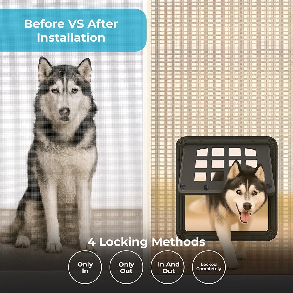 Large Pet Screen Door, 13 x 17 inches, Magnetic Self-Closing Dog Cat Door with 4-Way Entry, Black (Large)