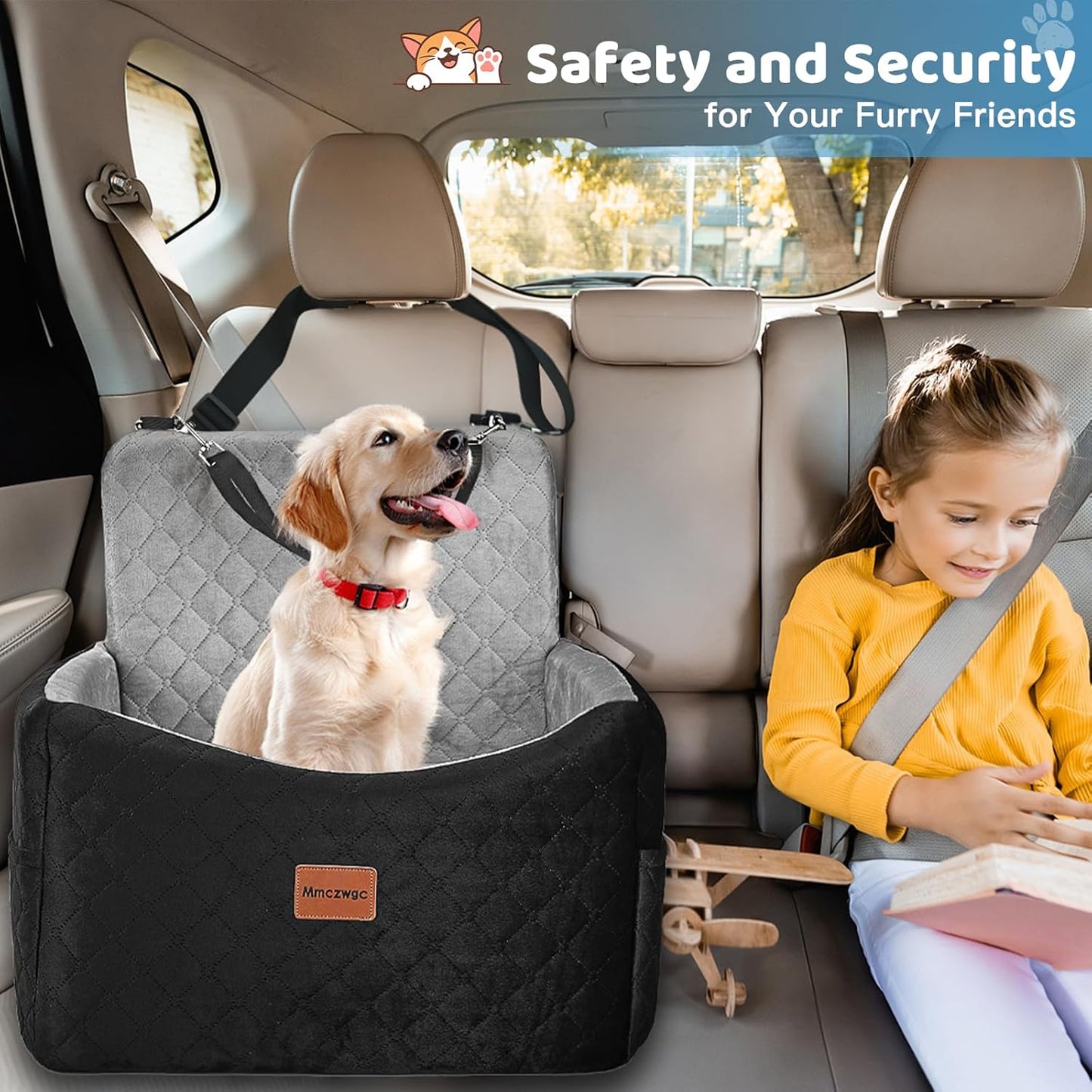 Dog Car Seat for Small/Medium Dogs Under 35 lbs – Pet Booster Seat with 6-inch Memory Foam, Dog Car Bed with Removable and Washable Cover, 2 Safety Belts and 2 Storage Bags