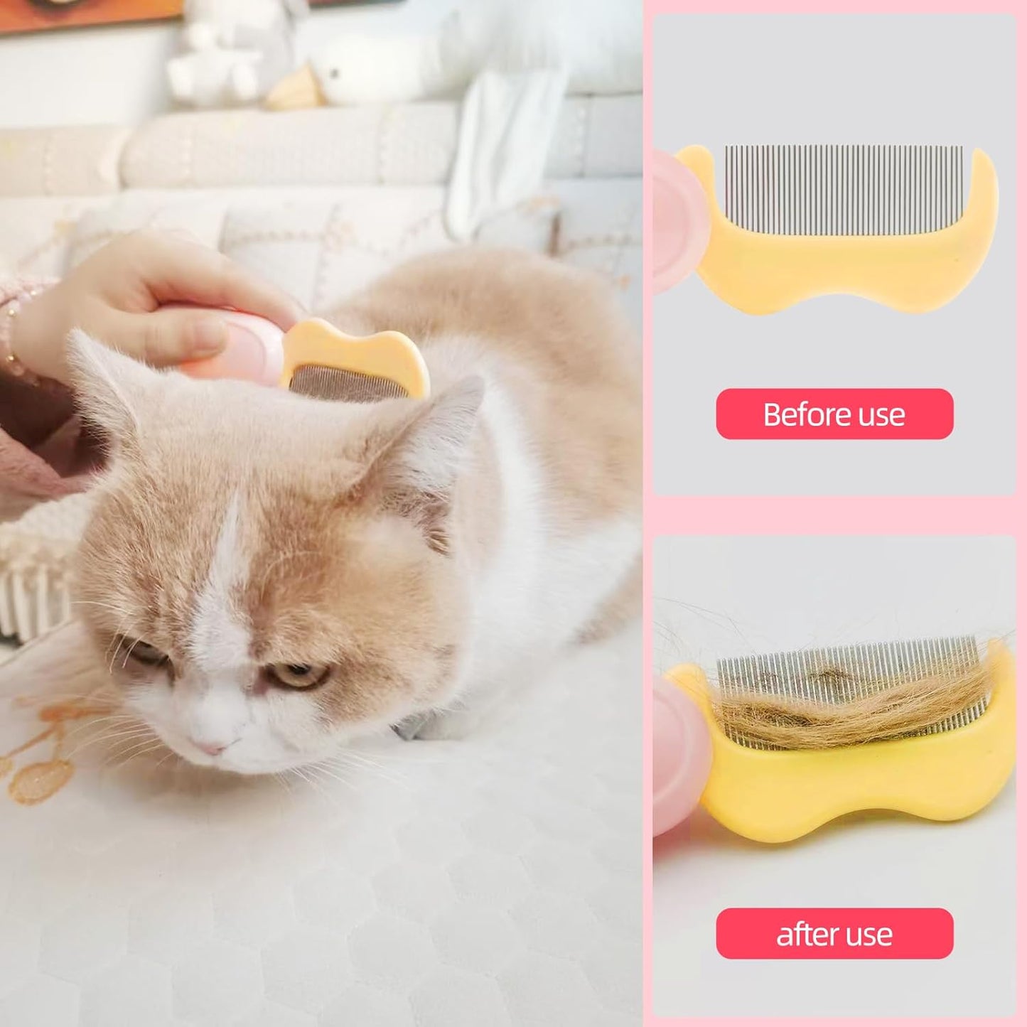 Foldable Cat Grooming Comb for Shedding and Face Care, Stainless Steel Brush for Tear Stains and Full-Body Hair, Portable ABS Handle for Cats and Small Dogs (pink + yellow)