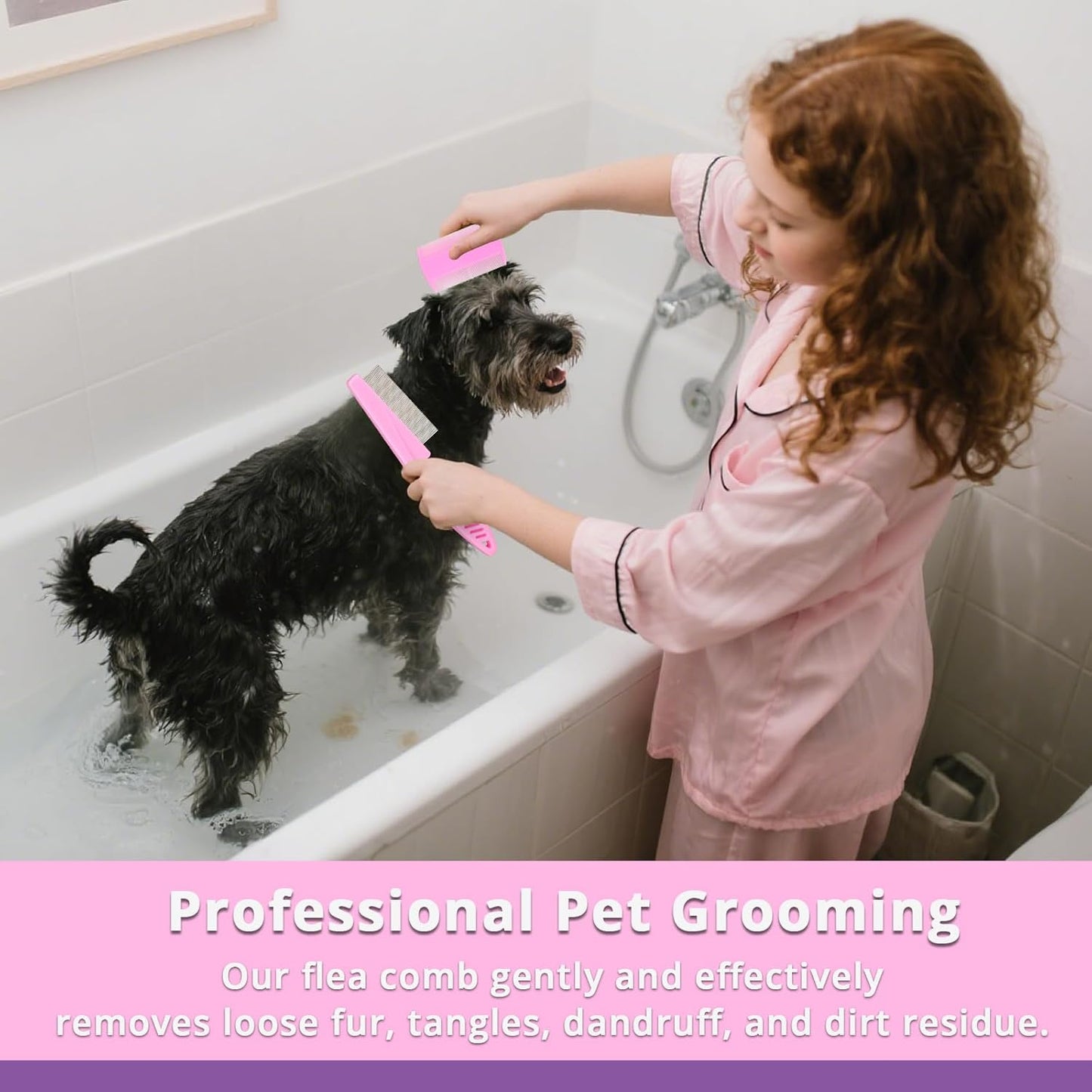 Flea Comb for Dogs and Cats - Lice Comb with Rubber Handle - Promotes Hair Growth and Removes Loose Hair, Knots, and Flakes Flea Brush for Pets(3P,PINK)