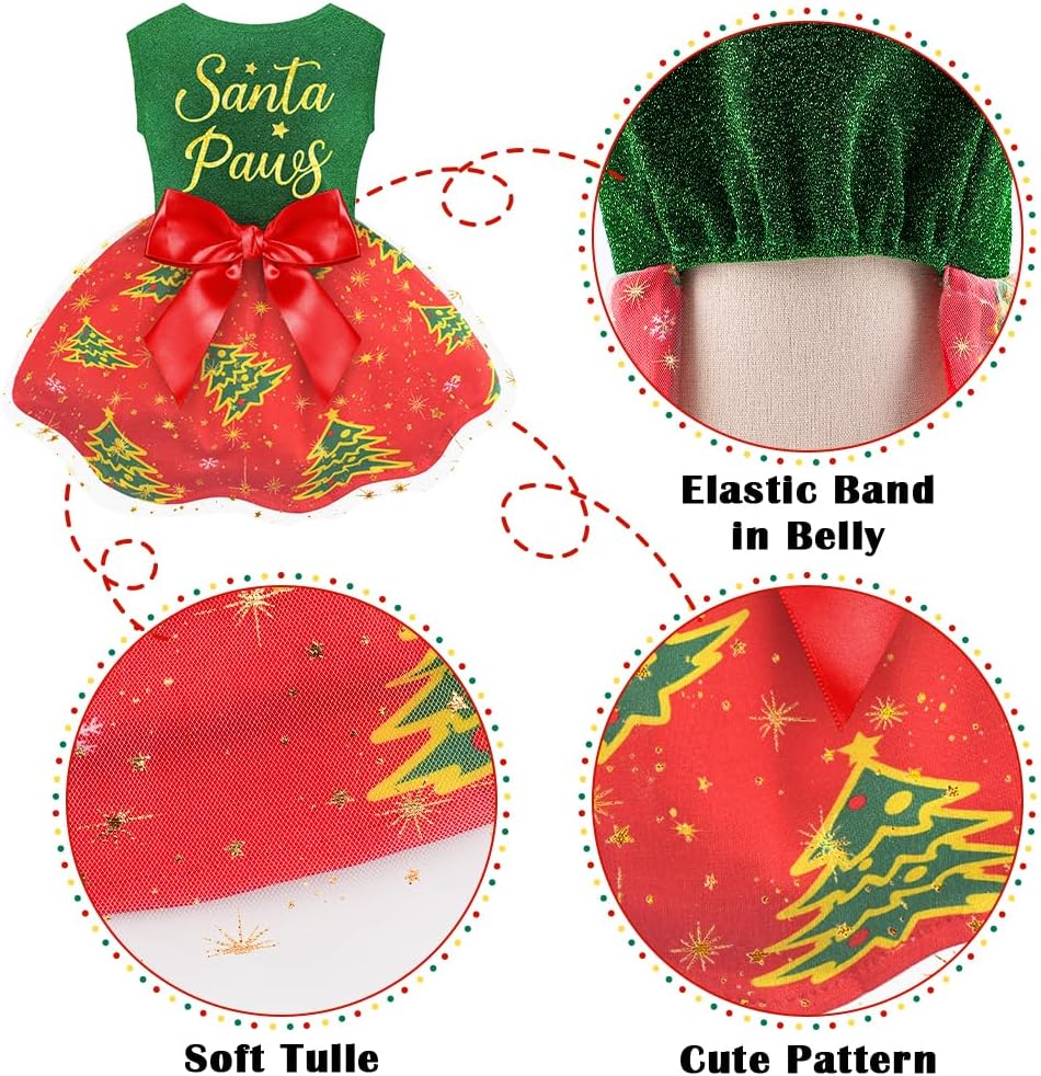 Dog Christmas Outfit Cute Dog Christmas Dress with Bowknot Tulle Puppy Clothes for Small Medium Dogs Cats Boys Girls Pet Costume
