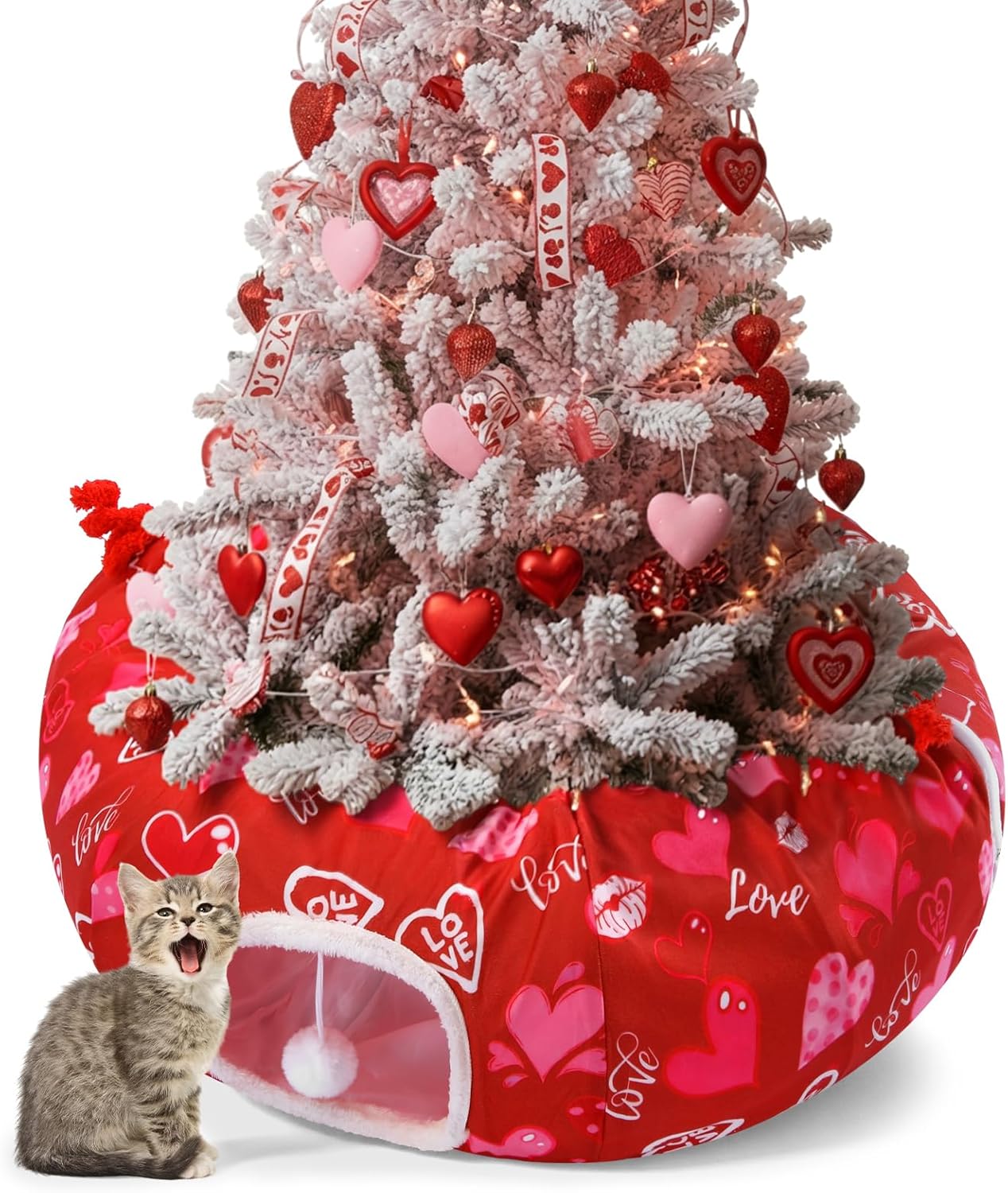 Cat Tunnel Bed for Indoor Cats Dogs Pink Bow Fluffy Plush Peekaboo Foldable Cute Cat Cave with Washable Cushion and Dangling Balls for Small Medium Large Puppy Kitten Rabbit (Valentines)