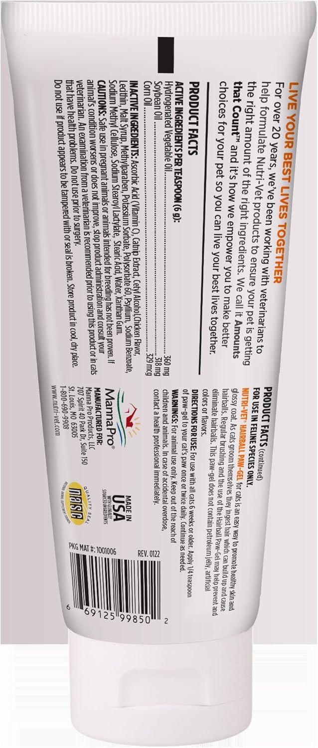 Nutri-Vet Hairball Paw Gel, Cat Hairball Remedy, Kitten Supplies, Hair Ball Relief for Cats, Grooming Aid, Fur Ball Remedy, Soybean & Coconut Oil, Chicken Flavor, 3 oz