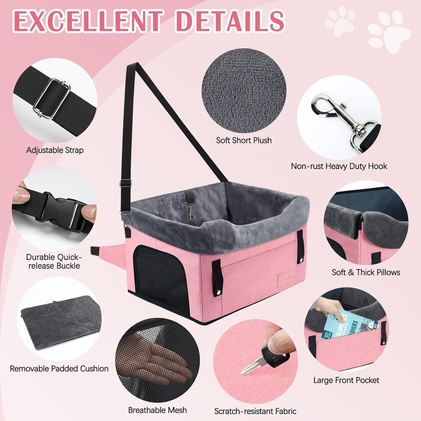 PetsHome Dog Car Seat for Small Dogs, Detachable Washable Dog Booster Car Seat with Storage Pocket, Breathable Mesh, Safety Leash, Adjustable Straps for Small Pets Up to 25lbs-Pink