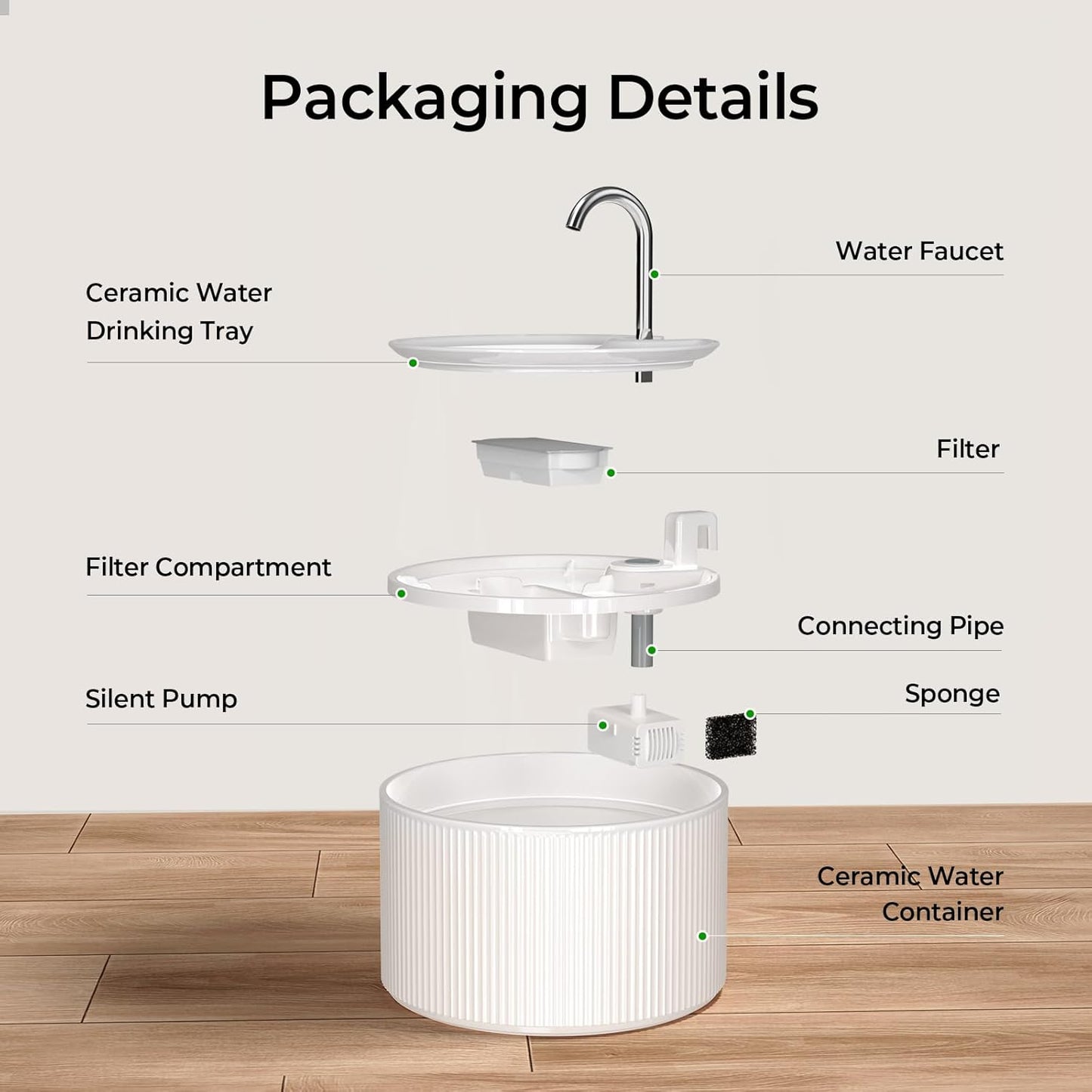 Ceramic Cat Water Fountain, 2.2L/74oz Ceramic Cat Fountains for Drinking Indoor with 3 Replacement Filters and 3 Sponges, Automatic Pet Water Dispenser with Ultra-Quiet Pump