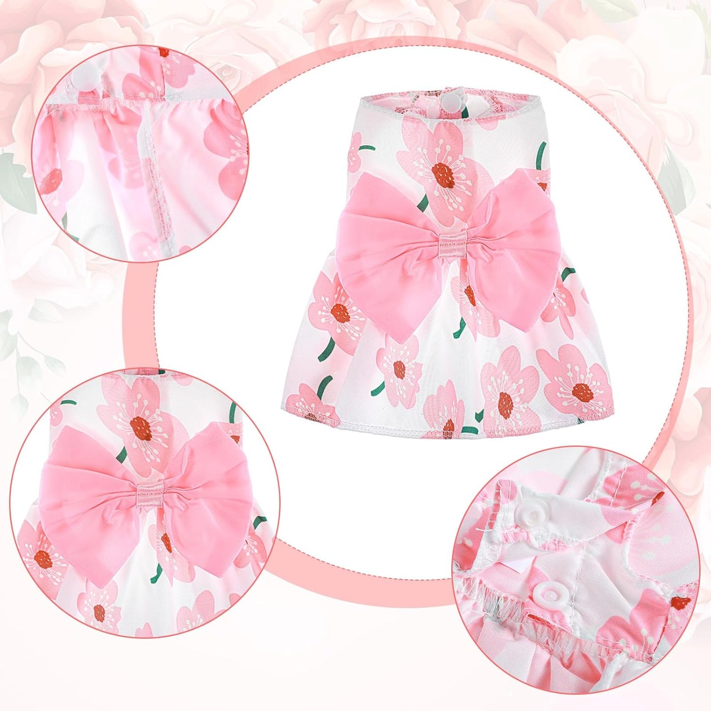 Dog Floral Dress, Cute Dog Dresses with Pink Bow, Pet Princess Dresses, Pink Floral Dogs Cat Clothes, Spring Summer Pet Clothes for Chihuahua, Yorkie, Puppy and Small Cats (XS Size)