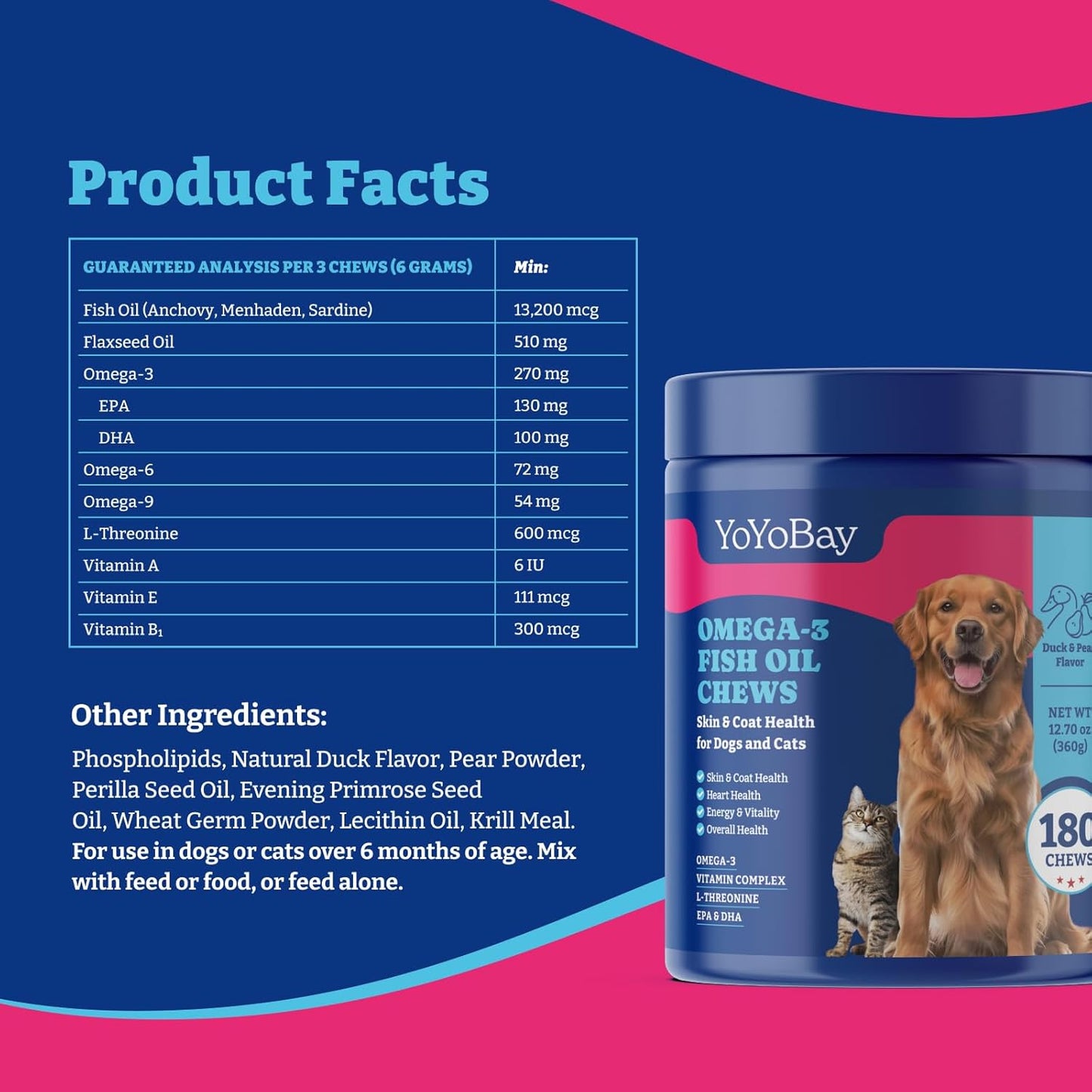 Fish Oil Chews for Dogs & Cats, Omega 3 Fish Oil for Dogs - Rich in Omega 3, 6, and 9 with Flaxseed Oil, EPA & DHA - 180 Soft Chews, Duck & Pear Flavor - Anti-Inflammation, Skin & Coat Health