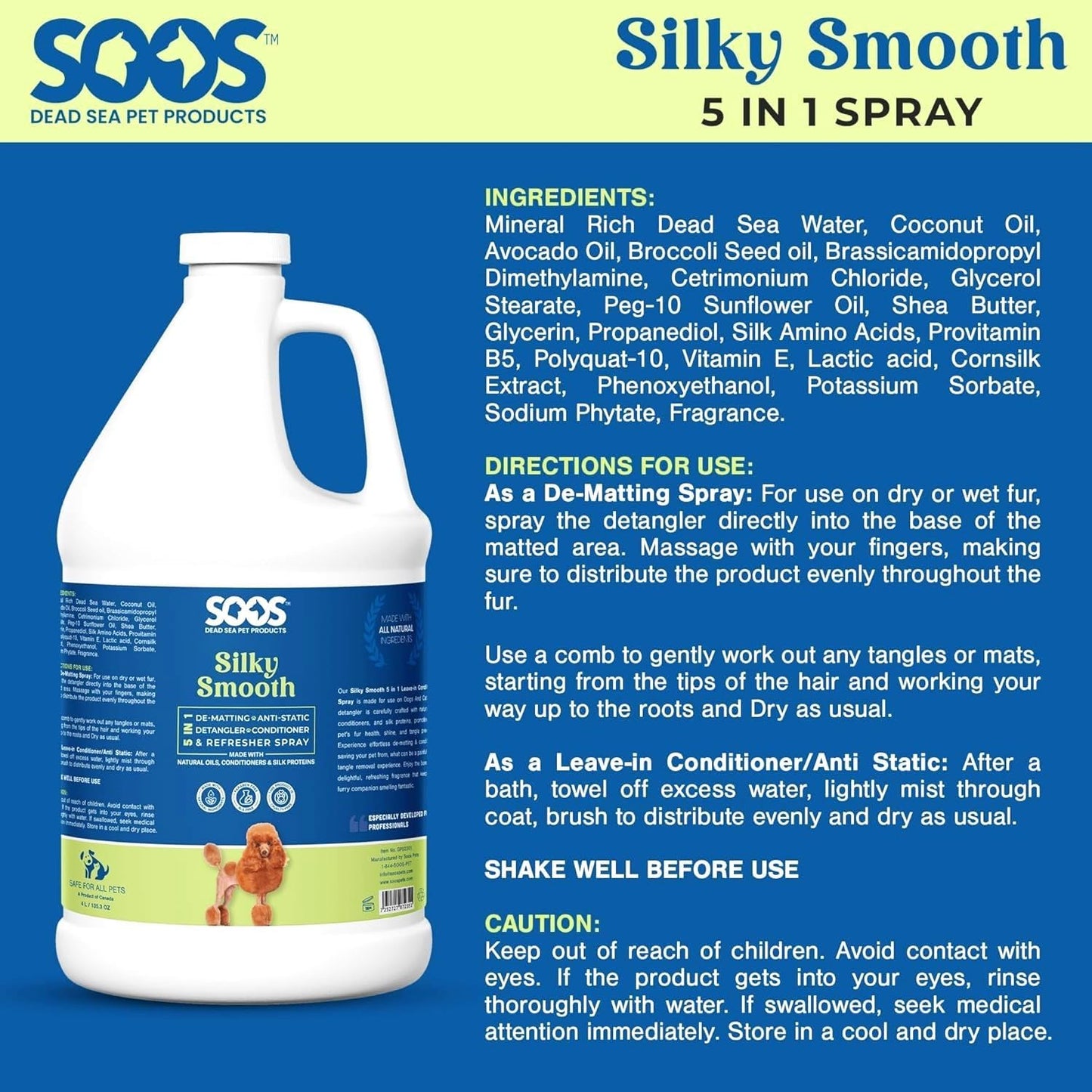 SOOS Pet Silky Smooth 5-in-1 Leave-On Conditioning Spray for Dog & Cat | Moisturizing, Anti-Itch, Softens Coat, Natural Ingredients | Pet Grooming Essentials | No Spray Bottle Included - 4L