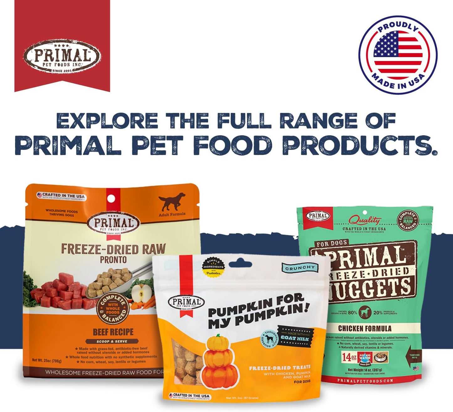 Primal Freeze Dried Dog Food Nuggets Classic Protein Bundle, Chicken, Beef & Lamb - Complete Balanced Meal, Topper or Treat, Premium, Healthy, Grain Free, High Protein Raw Dog Food, 14 oz Each