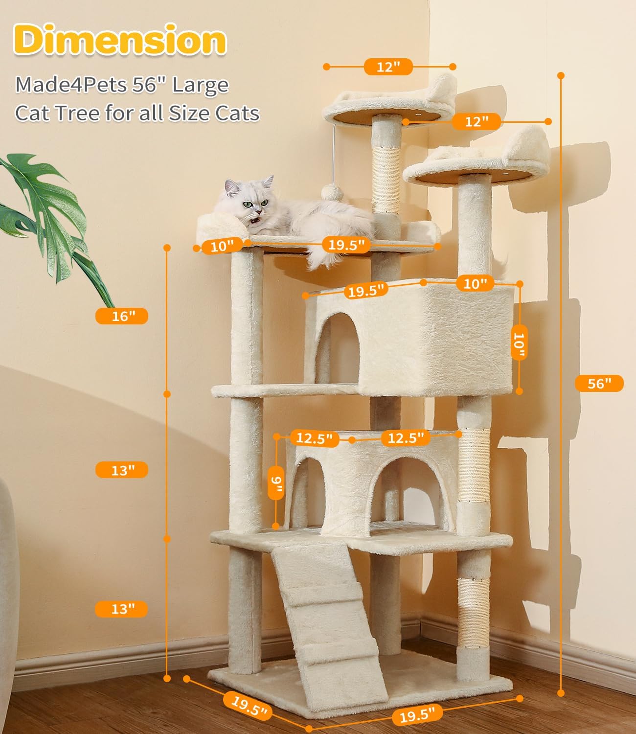 Made4Pets Cat Tree Tower 56in Cat Tower for Indoor Cats Kitten Tree Multi-Level Cat Tree with 2 Condo Furniture Activity Center with Scratching Posts Funny Toys Kittens Pet Play House, Beige
