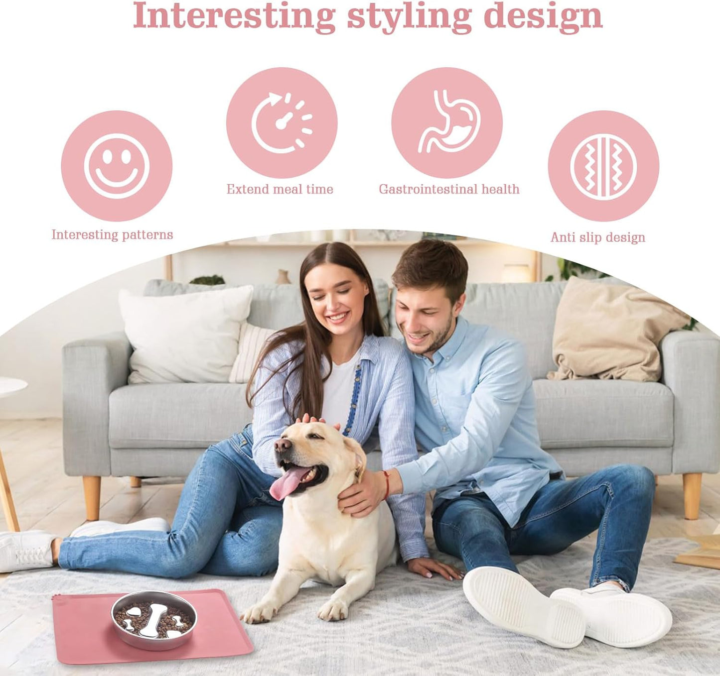 Stainless Steel Slow Feeder Dog Bowls – Non-Slip Metal Dog Bowl for Large & Medium Breeds, Puppy Puzzle Feeder – 2 Cup Capacity for Small to Big Pets – Durable Slow Feed Dog & Cat Food Dish with Mat