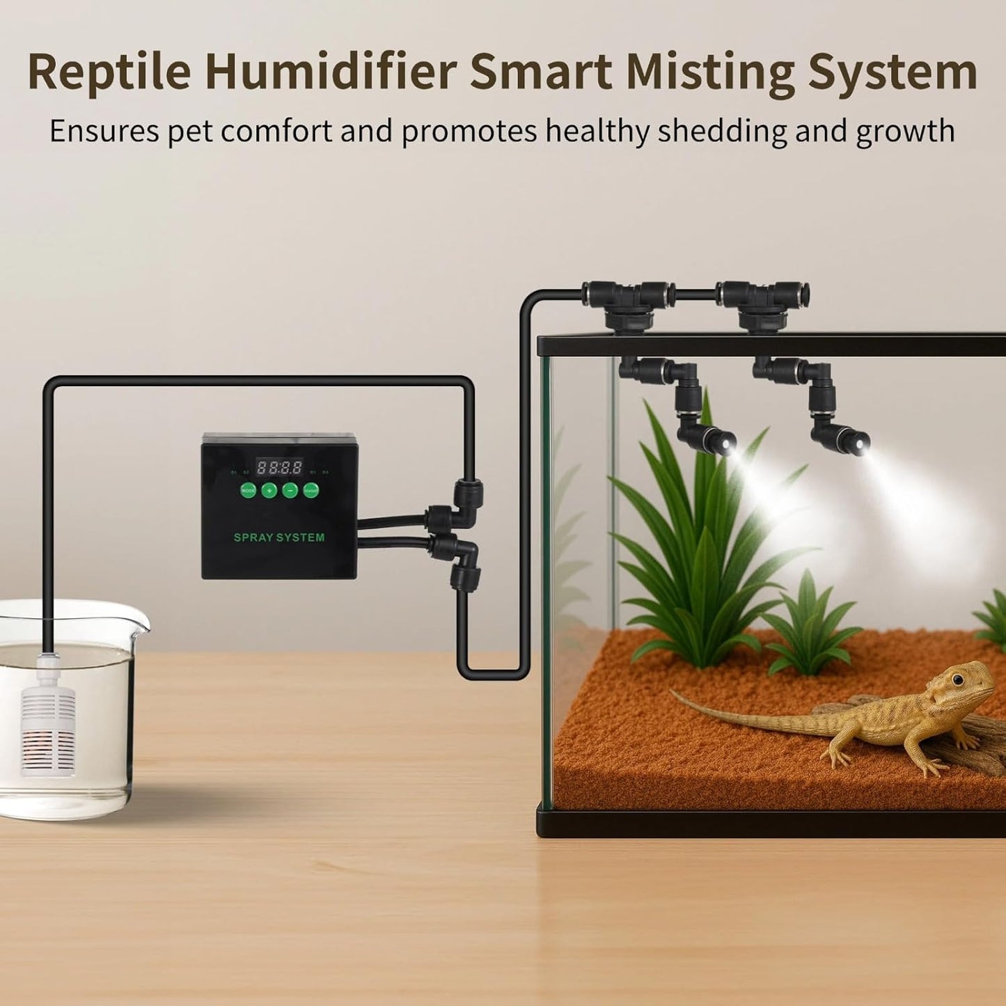 Smart Mist Sprayer with Two Free-Rotating Spray Nozzles, Reptile Humidifier Misting System with Timer, Lizard Snake Habitat Atomizer for Tropical Plants, Includes Long Pipe, Power Adapter
