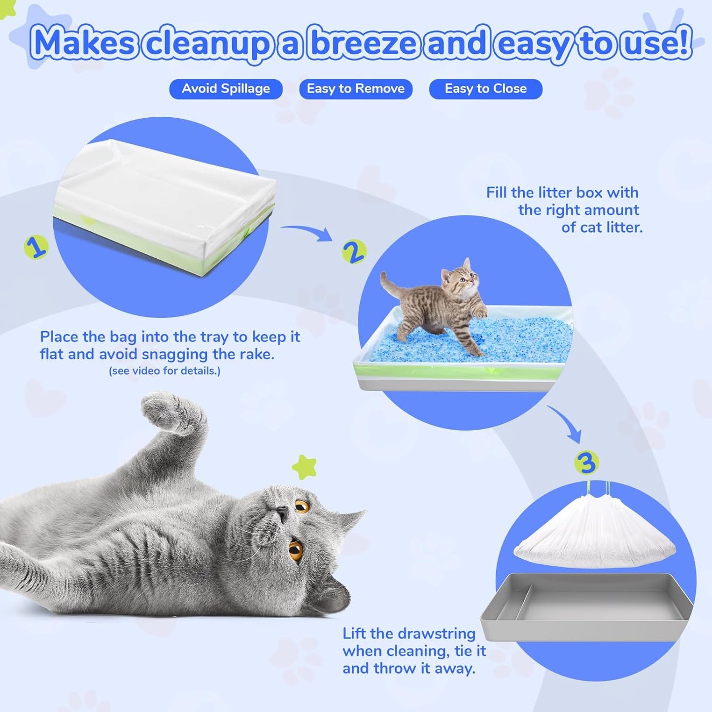 Litter Box Liners Compatible with Pet Scoop free Self-Cleaning Box 30 Count Drawstring Cat Litter Waste Bags for Reusable Tray - Disposable Tray Refills, Tear-resistant - Leak-proof Cat Poop Bags