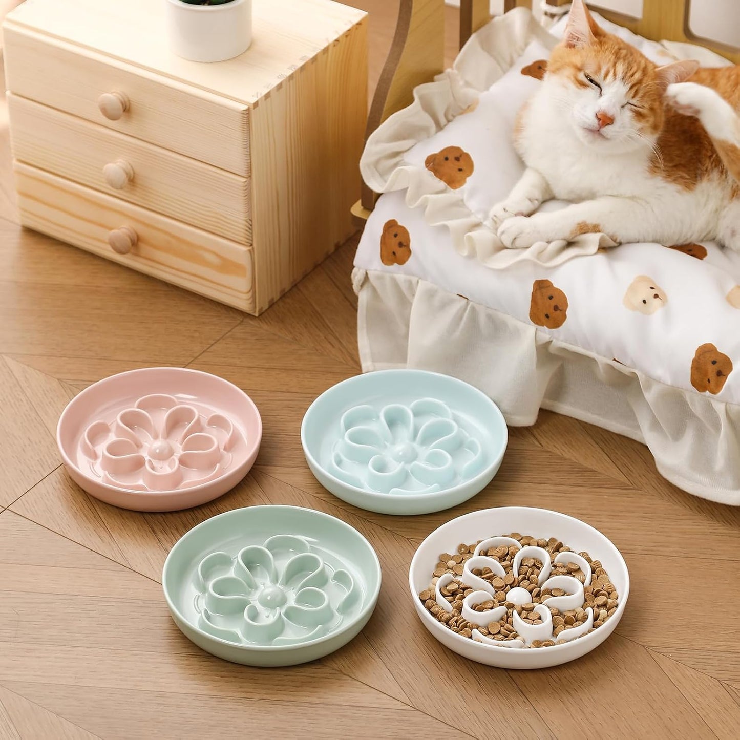 Melamine Cat Slow Feeder Bowl - Floral Maze Cat Food Dish - Flat Plate for Dry & Wet Food - Cute Kitten Bowl - Dishwasher Safe - 6.3'' W x 1'' H - 5.5 oz (160g) - White