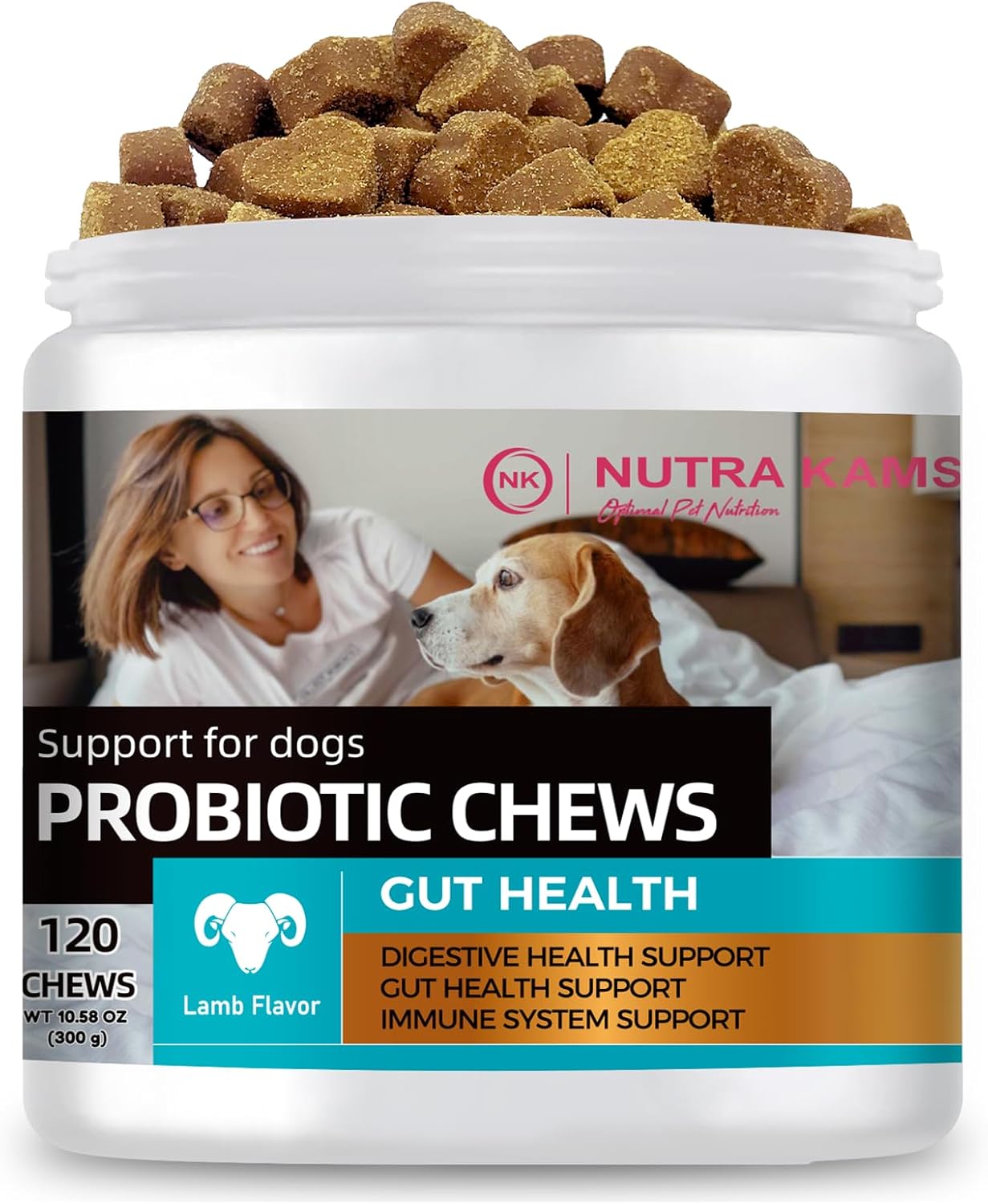 Probiotic Chews for Dogs, Natural Gut Health Support, 120 Soft Chews, Lamb Flavor, 300g