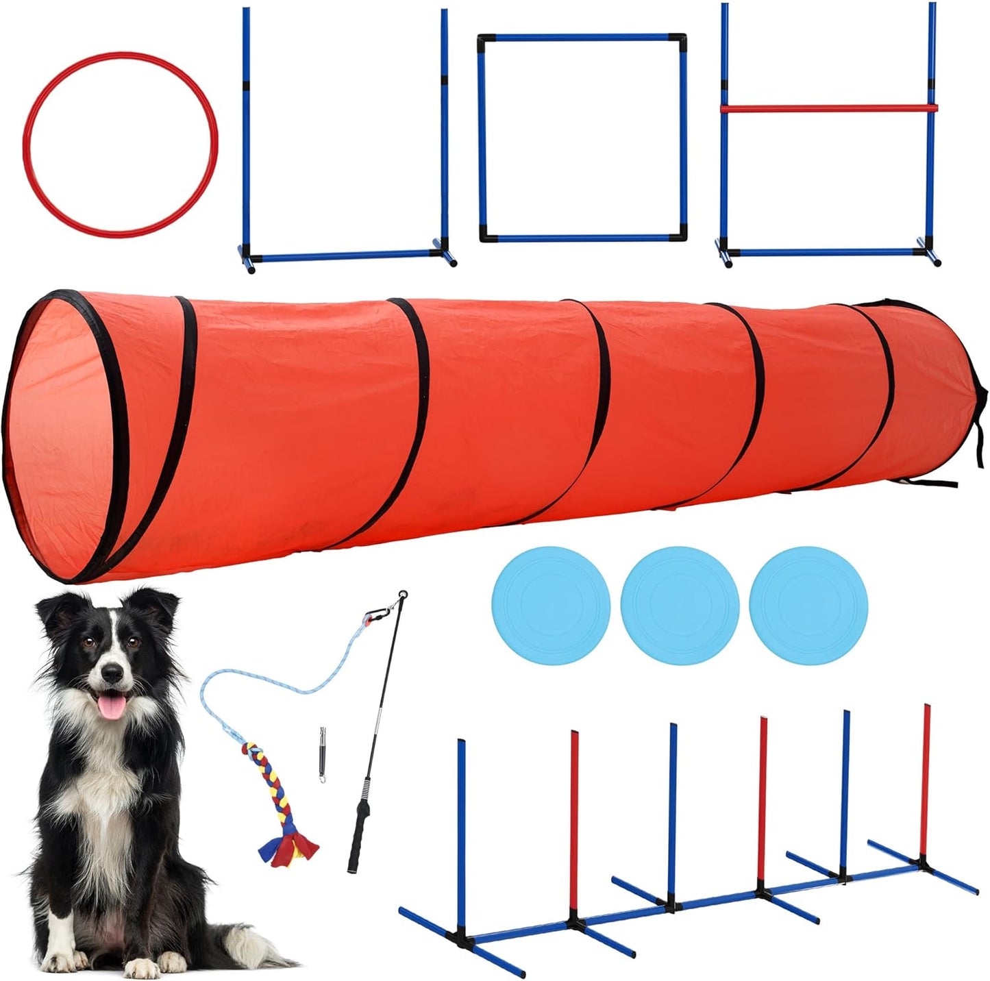 YITAHOME Dog Agility Equipments: Includes Flirt Pole, 3 Flying Discs, Agility Tunnel, 3 Jumps, 6 Weave Poles, Pause Box, Agility Course Set for Backyard, Indoor, Outdoor