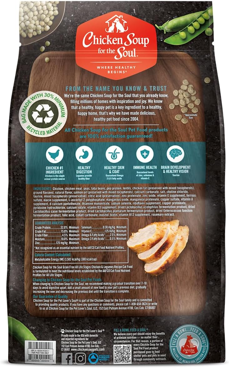 Chicken Soup for the Soul All Natural Premium Grain-Free All Life Stage Dry Cat Food, Real Meat First Ingredient, No By-Products, Supports Immune & GI Health, Chicken & Legumes, 4lb