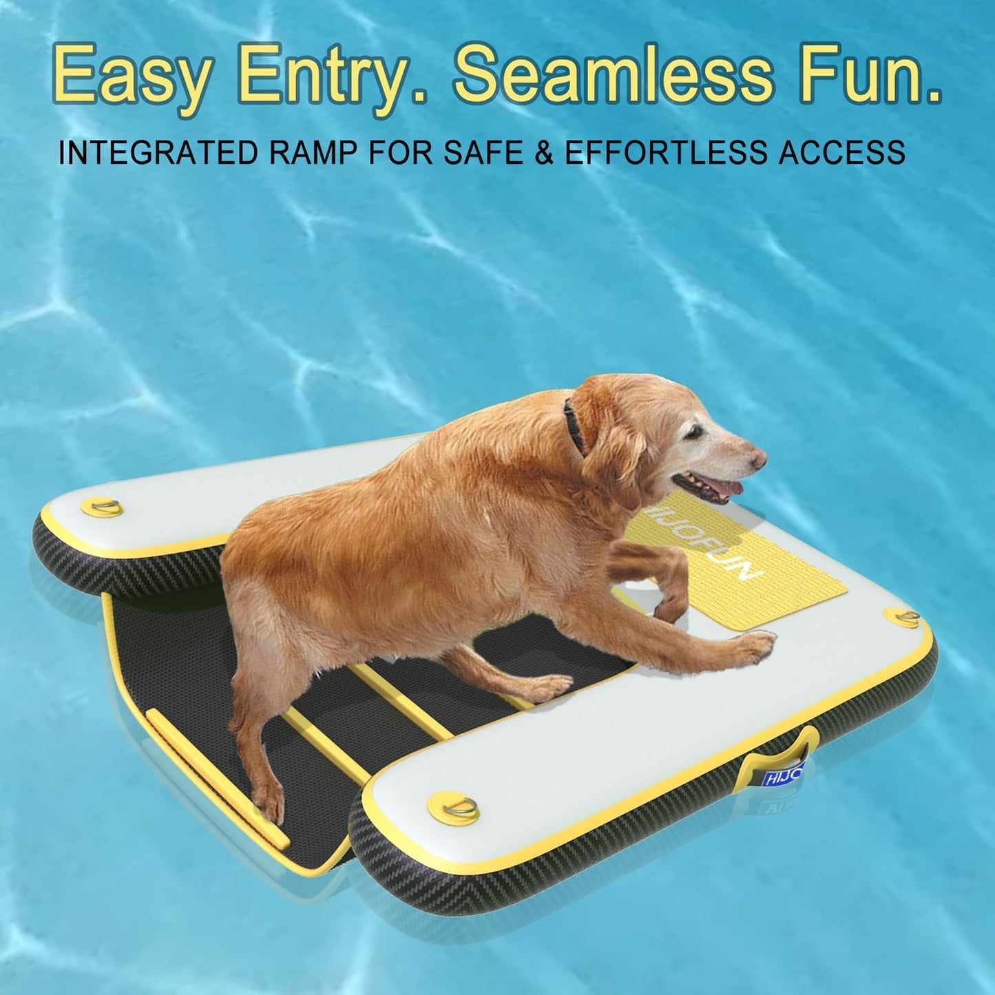 Inflatable Dog Water Ramp with Non-Slip Steps & D-Rings–220 lbs Capacity,55"x39.4"x4", Portable Floating Ladder for Pool, Boat, Lake – Yellow