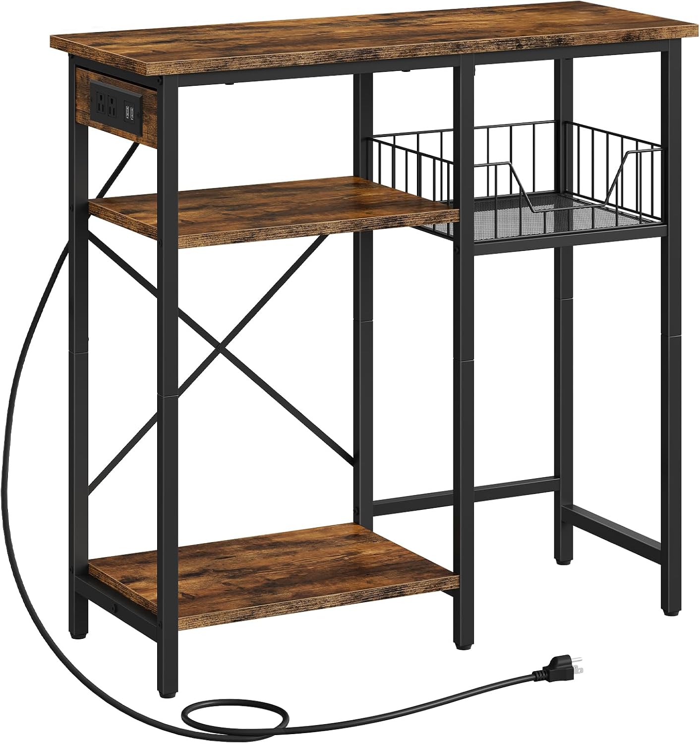 Fish Tank Stand with Power Outlet, Aquarium Stand with Wire Storage Basket, 10-15 Gallon Reptile Tank Stand with Shelves, Aquarium Table, for Home, Office, Rustic Brown and Black TCW78UBF