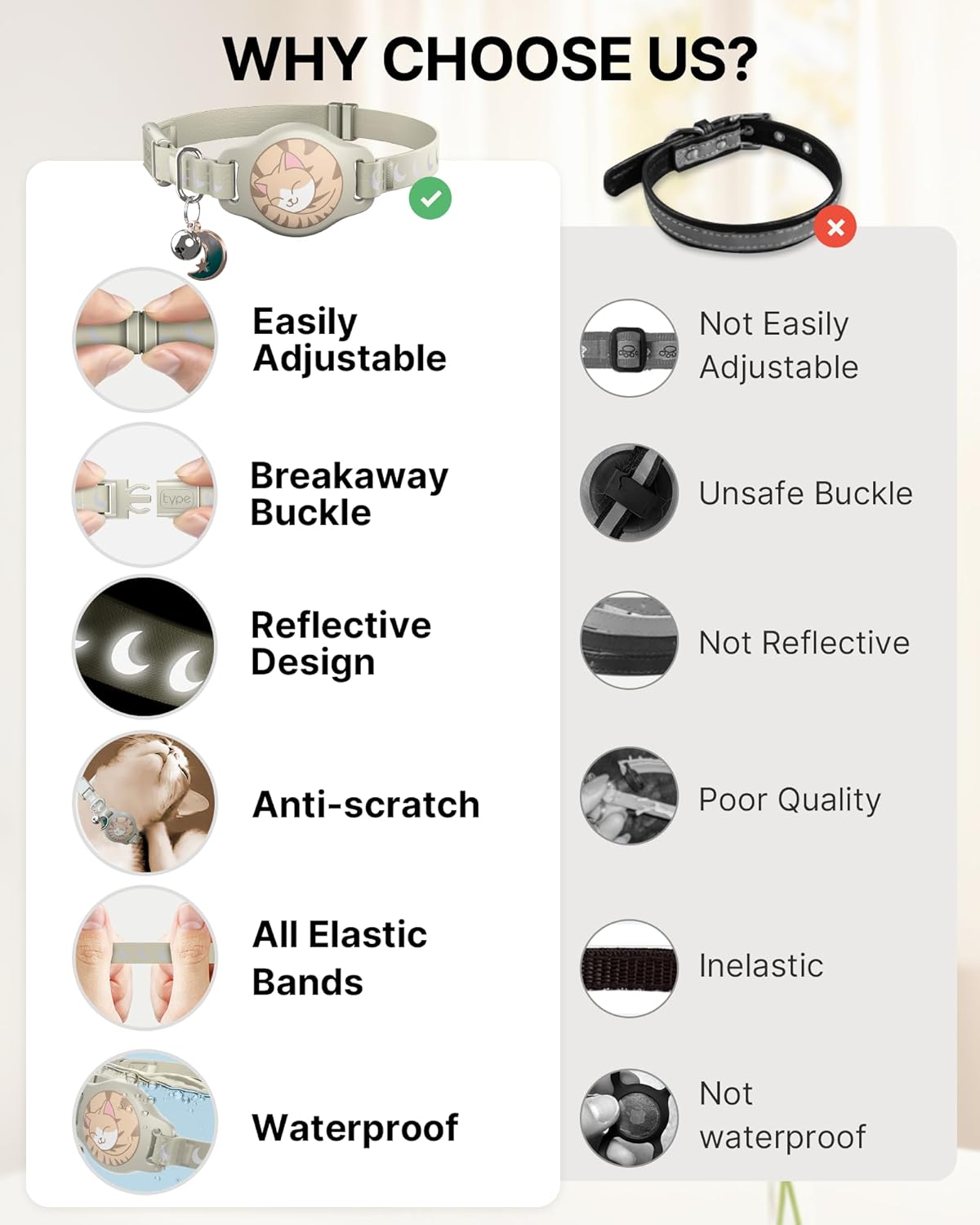 Cat Collar with Airtag Holder, Breakaway Airtag Cat Collar for Apple Air Tag with Luminous & Reflective Pattern, Waterproof GPS Cat Tracker Collars for Boy Girl Cats Kittens with Bell, Khaki (8-12")