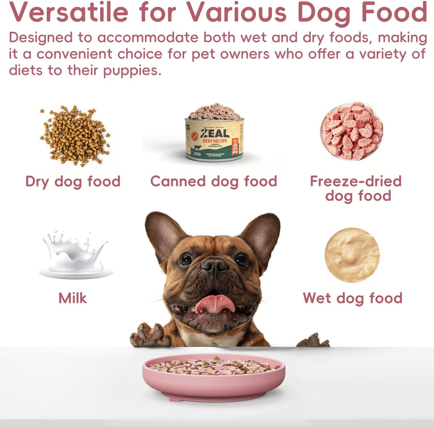 Silicone Slow Feeder Dog Bowl – Pink Bone Pattern | Food-Grade Non-Slip Dog Dish for Anti-Bloat, Fast Eating Prevention, 7.5” x 1.5”, Dishwasher Safe