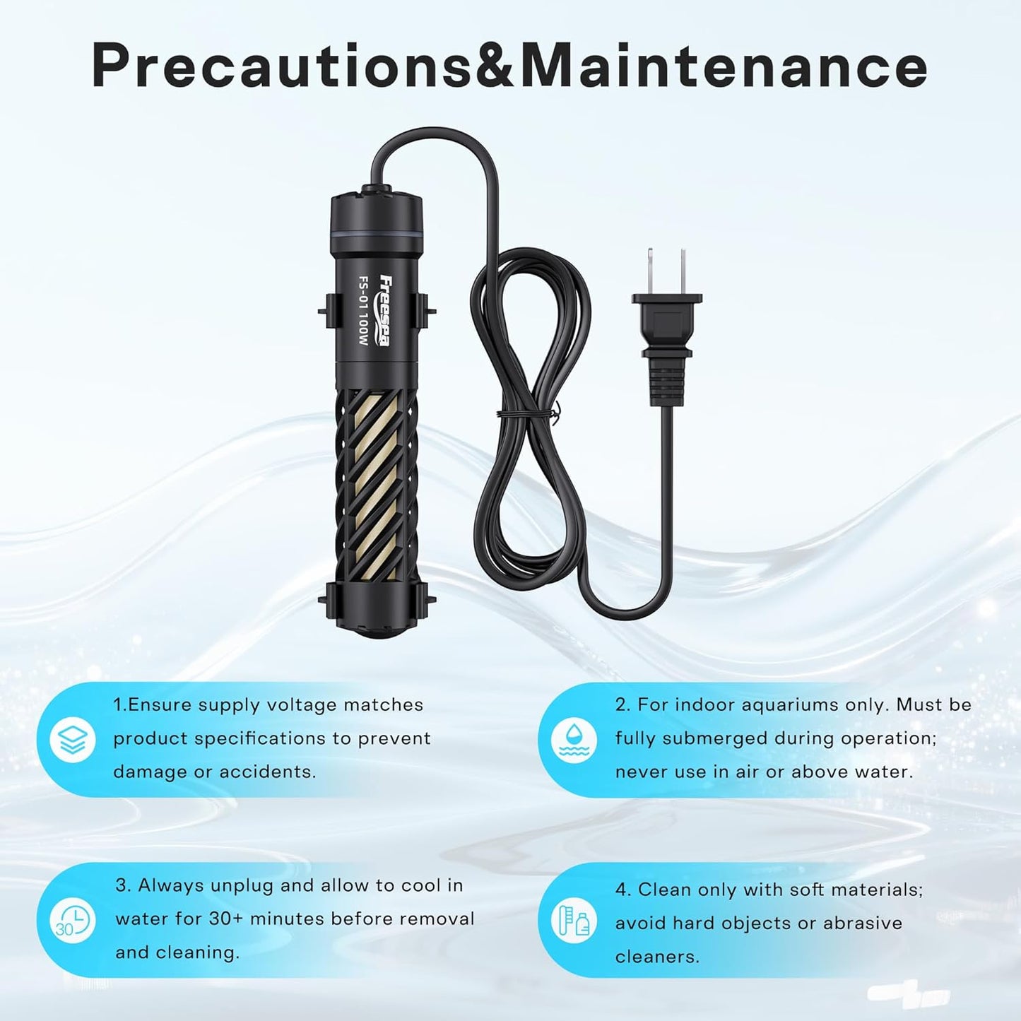 FREESEA Aquarium Heater for Fish Tank: 100W Small Submersible Thermostat with Off-Water Protection & UL Certified Cord for 10-20 Gallon Fish Turtle Tanks Enthusiasts