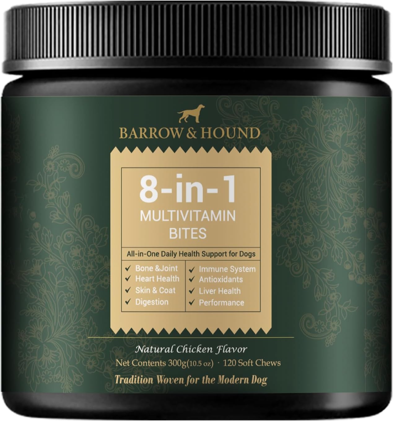 Barrow & Hound - 8-in-1 Multivitamin for Dogs – 120 Soft Chews with Glucosamine, Omega 3, Probiotics, Vitamins A–C–D–E & B-Complex – All-in-One Daily Health Supplement – Natural Chicken Flavor