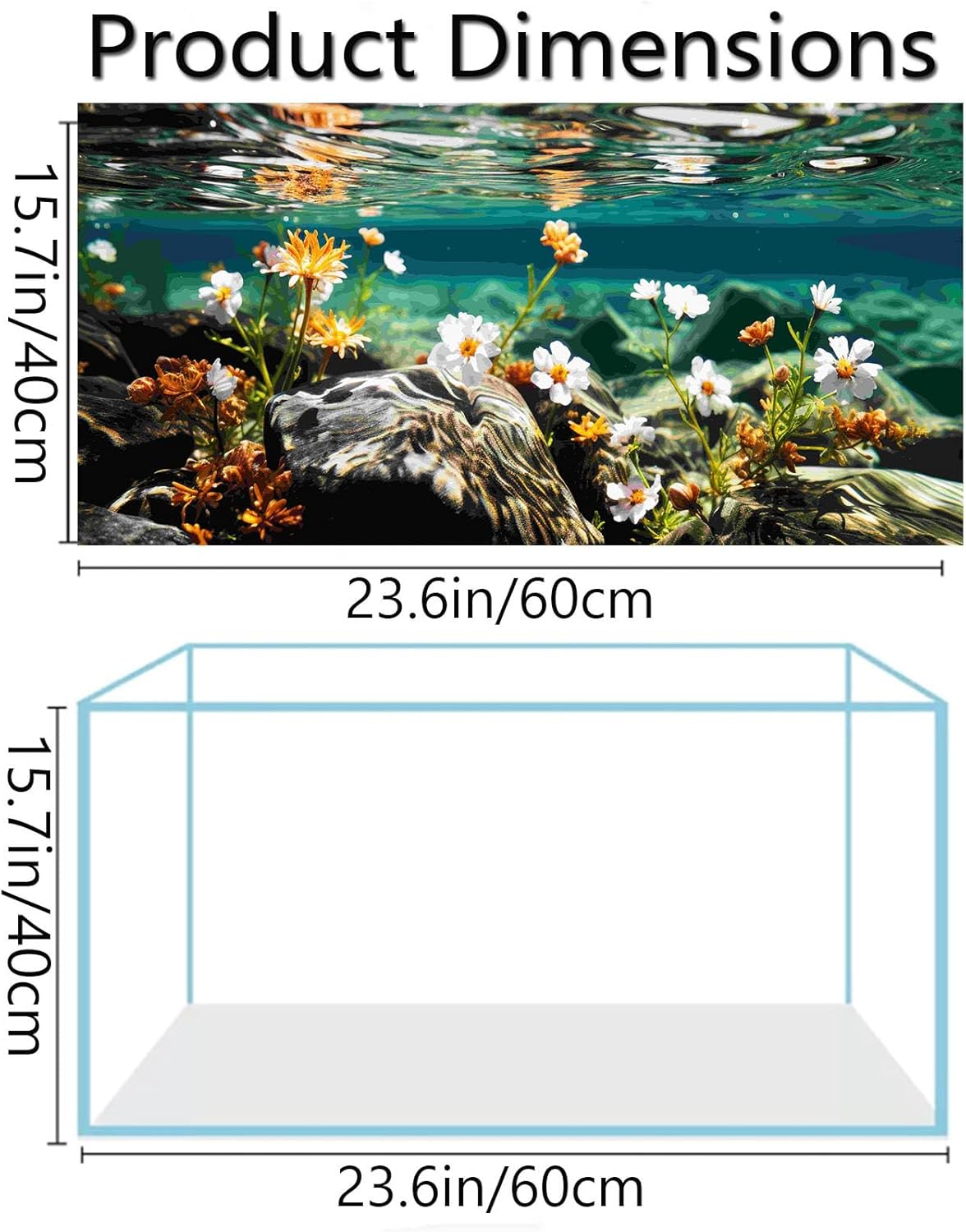 Aquarium Background Poster, Fish Tank Background Sticker, 3D Flowers and Stones in Sunlight Reefs Vibrant Underwater Scenery for Stunning Aquarium Decorations 10 20 Gallon Tank (15.7" x 23.6" in)