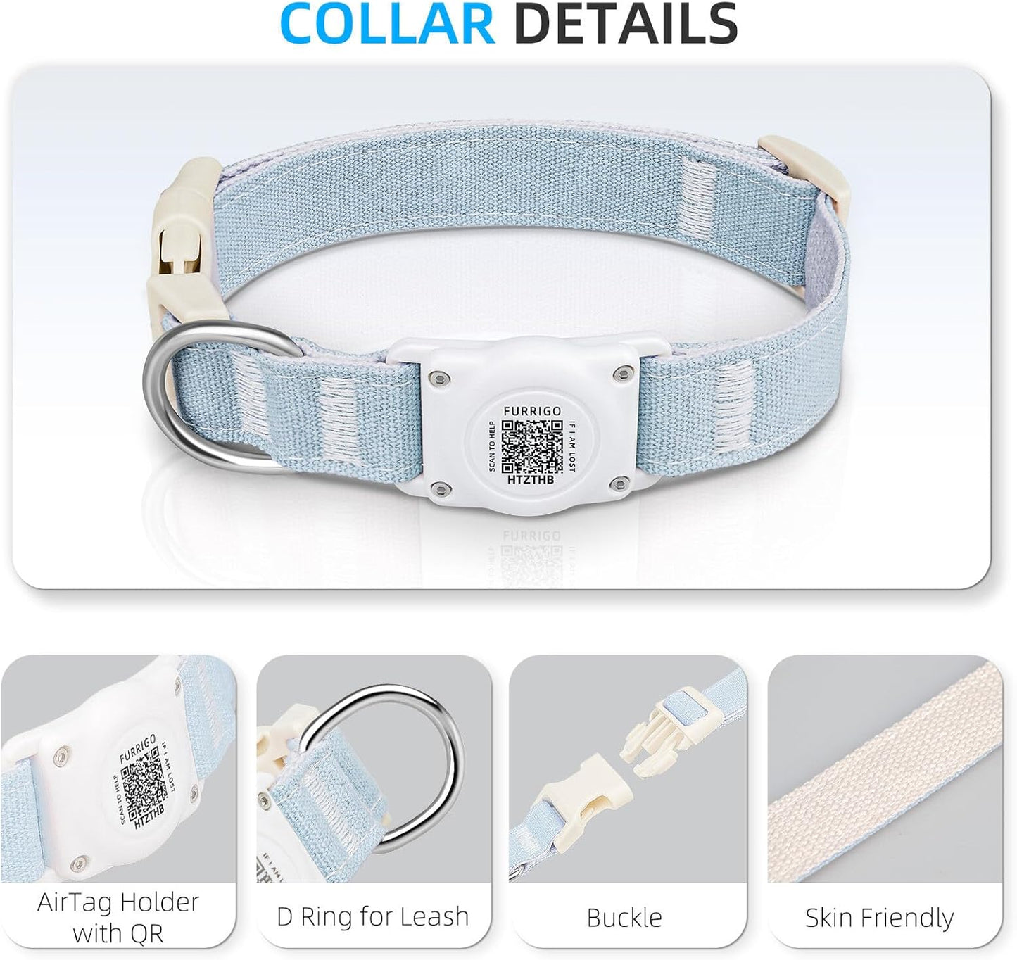Airtag Dog Collar QR Code - IP68 Waterproof Integrated Air Tag Dog Collar Holder ID Tag - Free Pet Online Profile - Durable Natural Cotton Hemp - Fits for Small Medium Large Dogs (Blue, L)